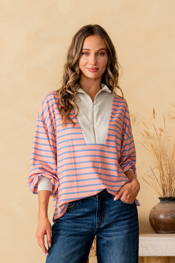 Coral & Oatmeal Stripe Collared Pullover