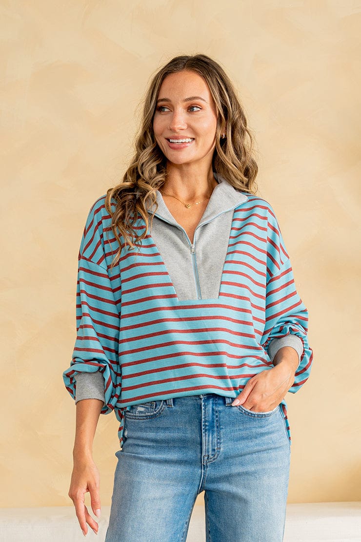 Turquoise & H. Grey Stripe Collared Pullover