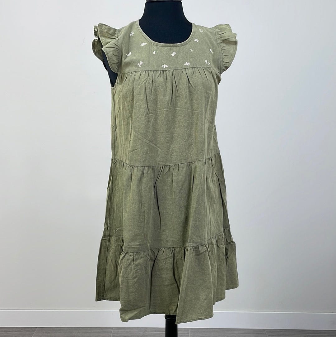 Olive Flower Embroidery Babydoll Mini