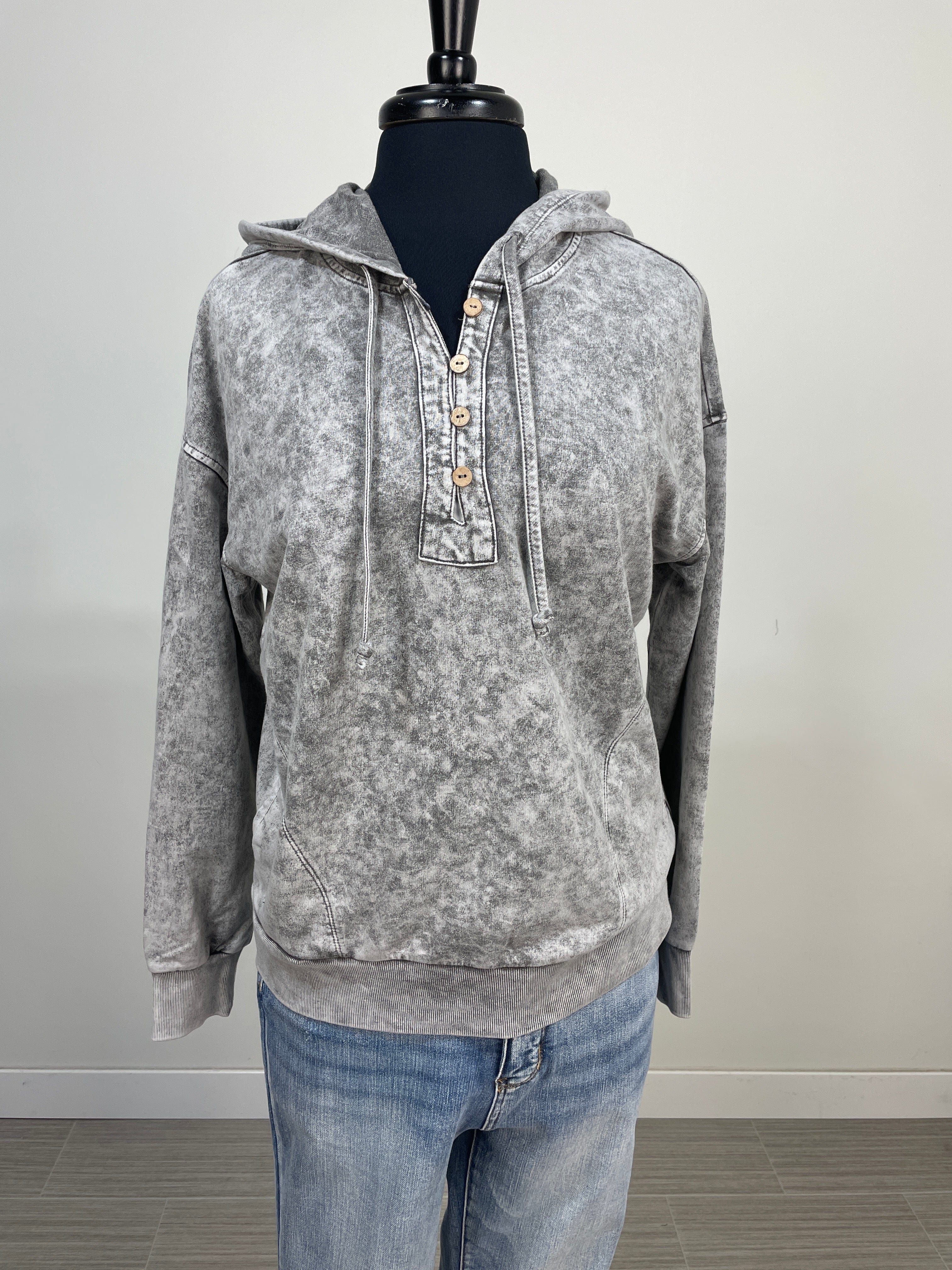 Black Washed Hooded Henley Knit Sweater