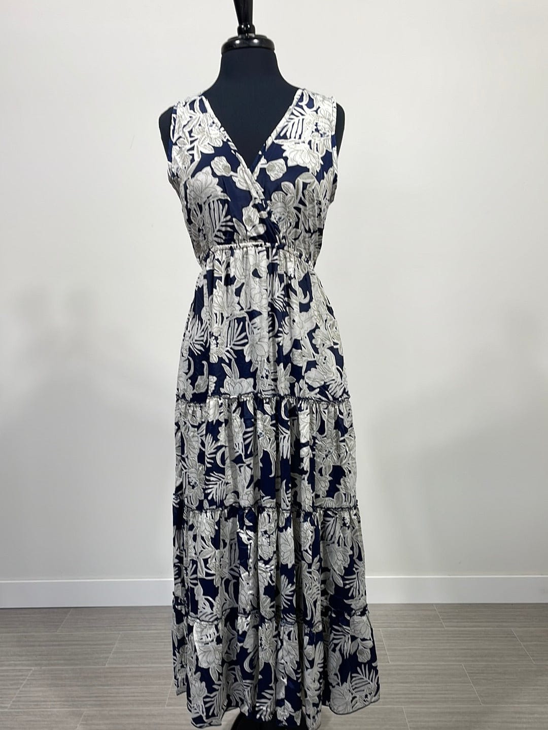 Navy & White Floral Sleeveless Maxi Dress