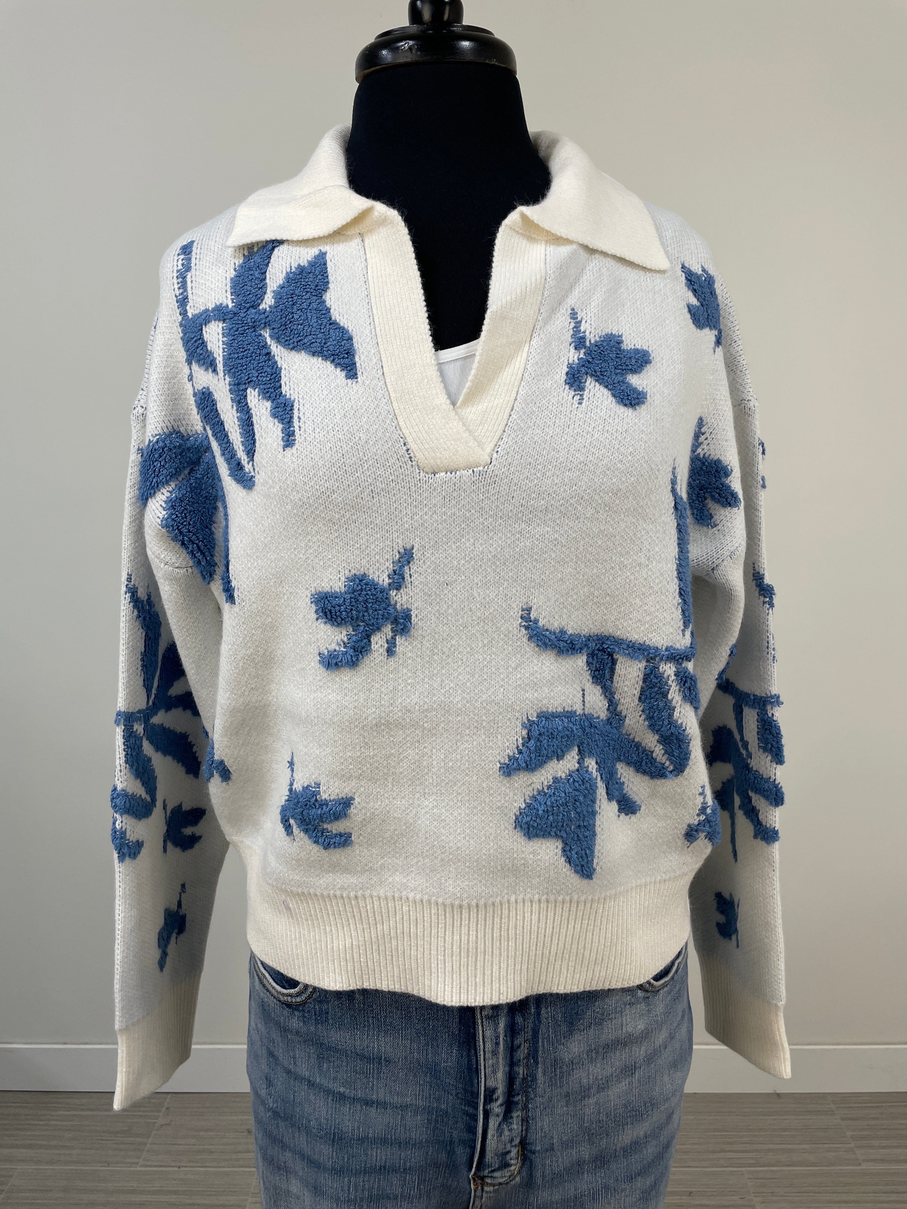 White & Blue Frond Pullover Sweater