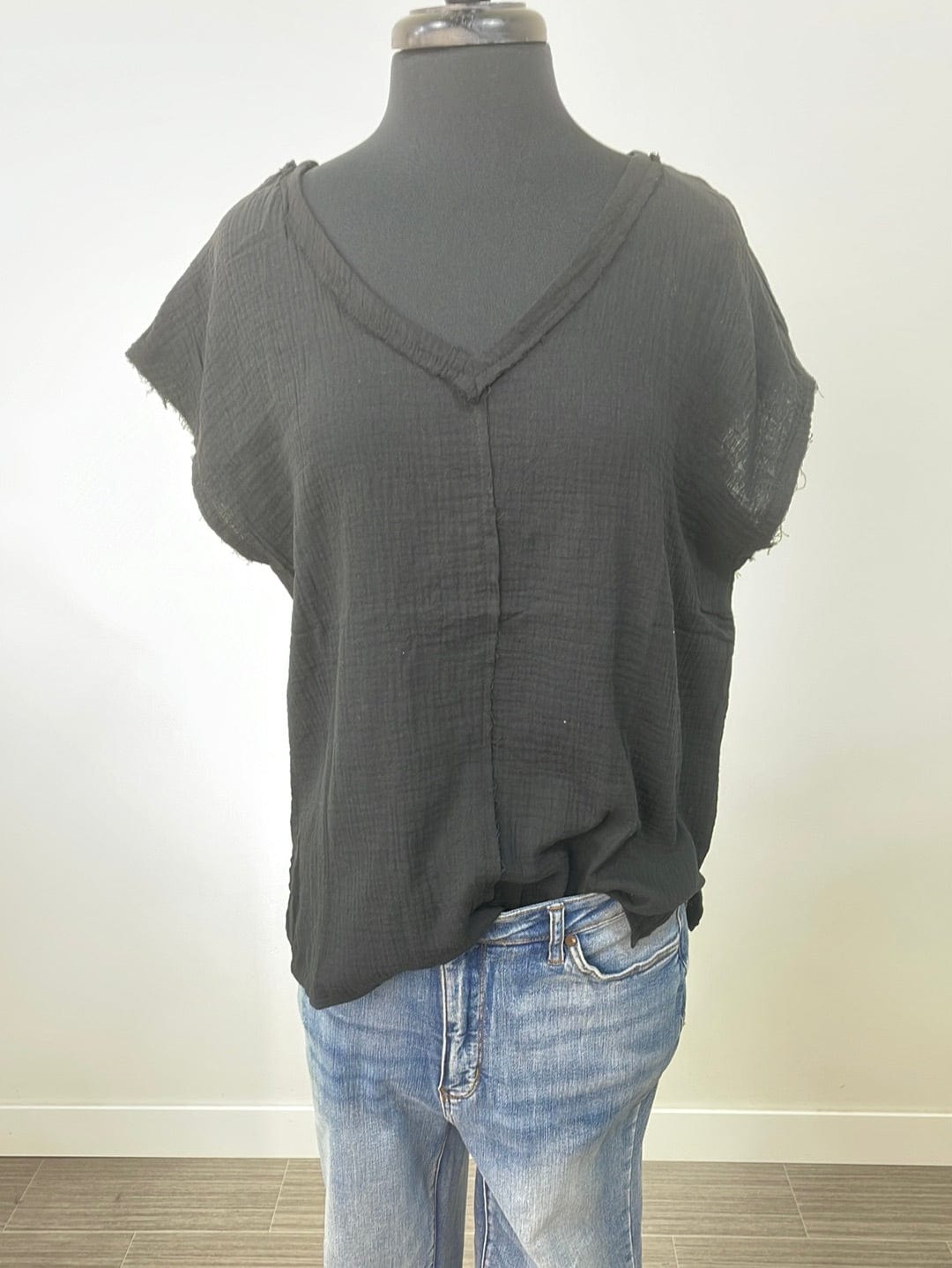 Black VNeck Raw Cut Gauze Top