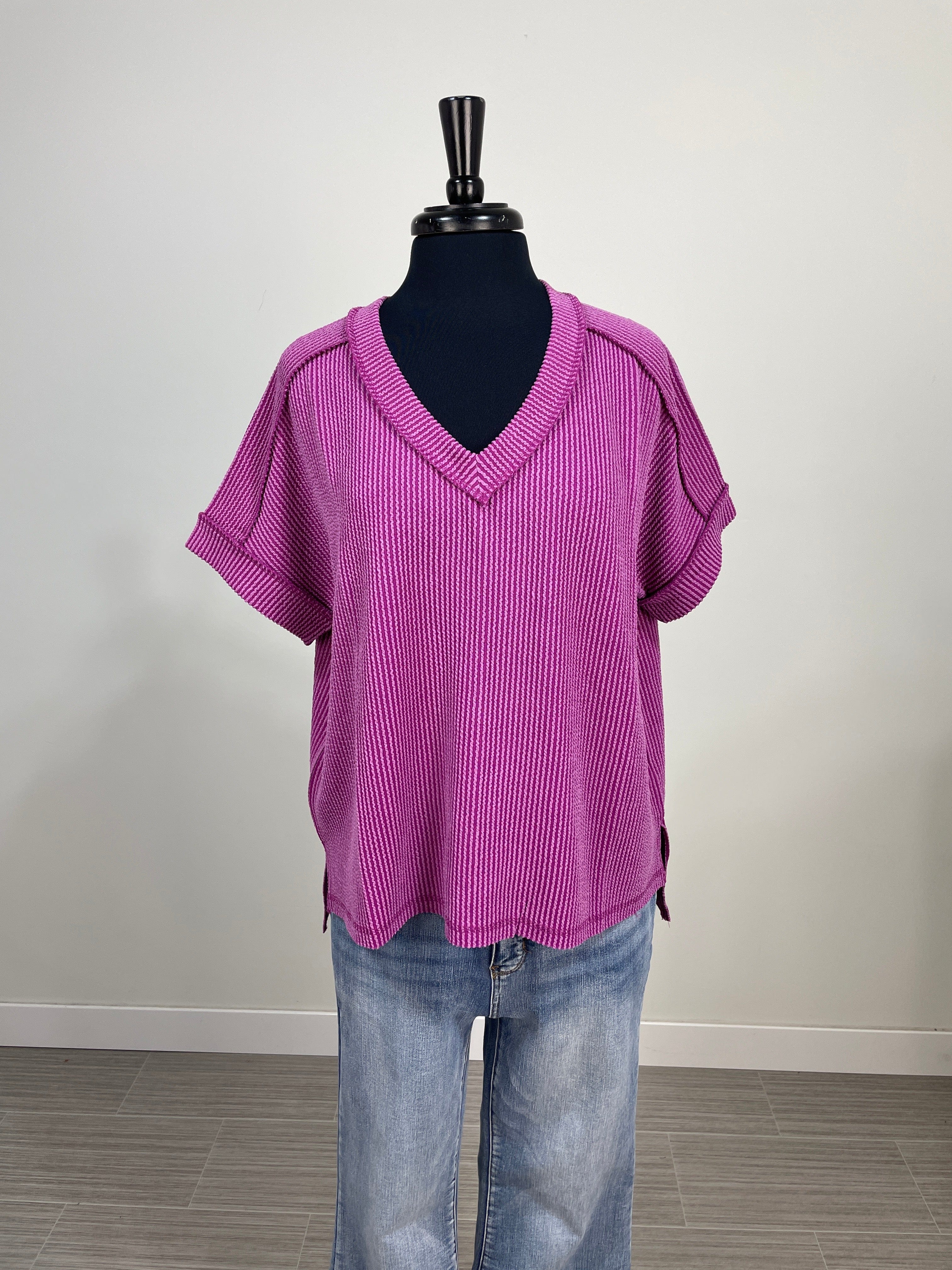 Plum Corded Rib Vneck Top