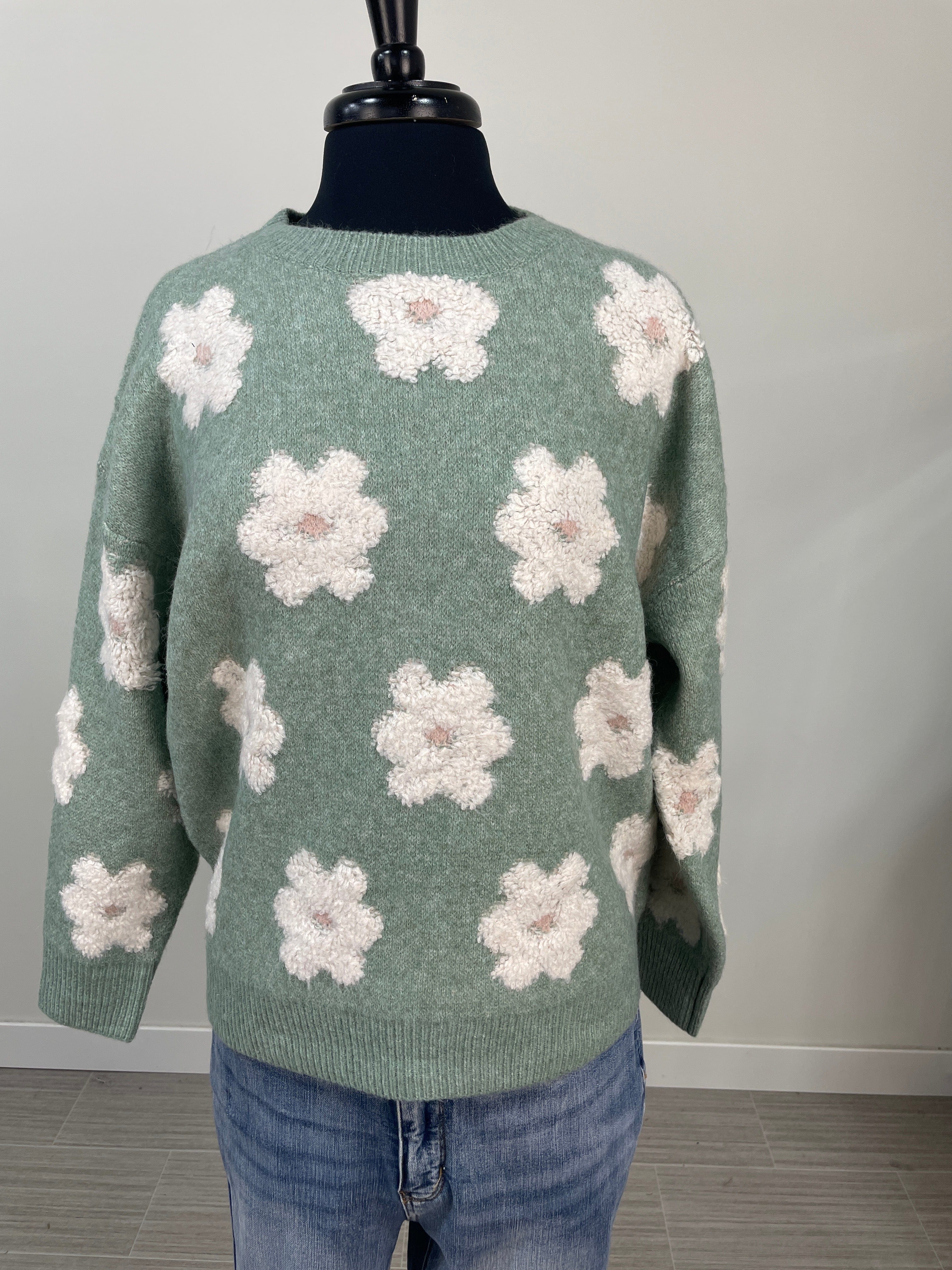 green with white floral sweater