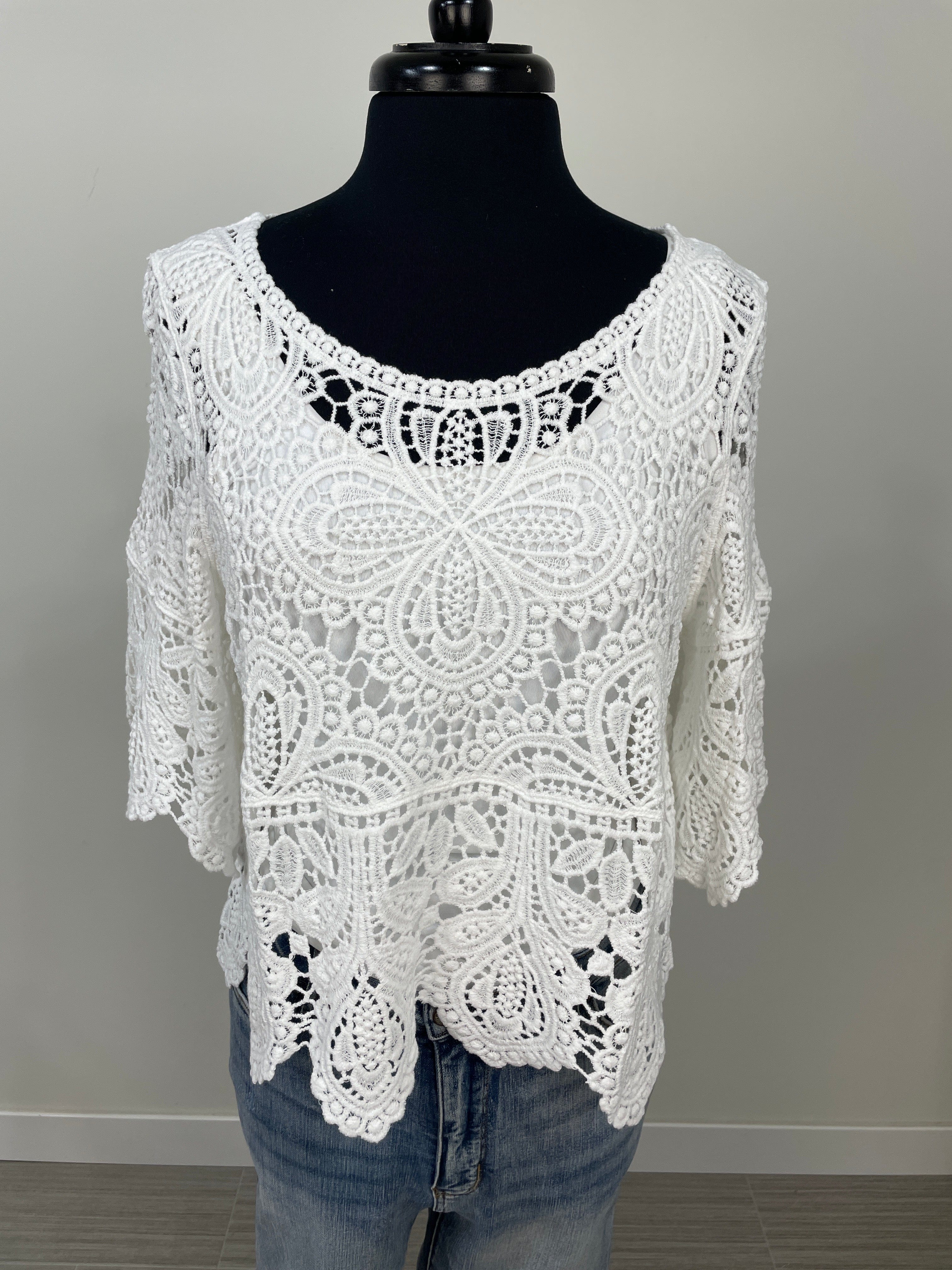 White Crochet Flare Sleeve Top