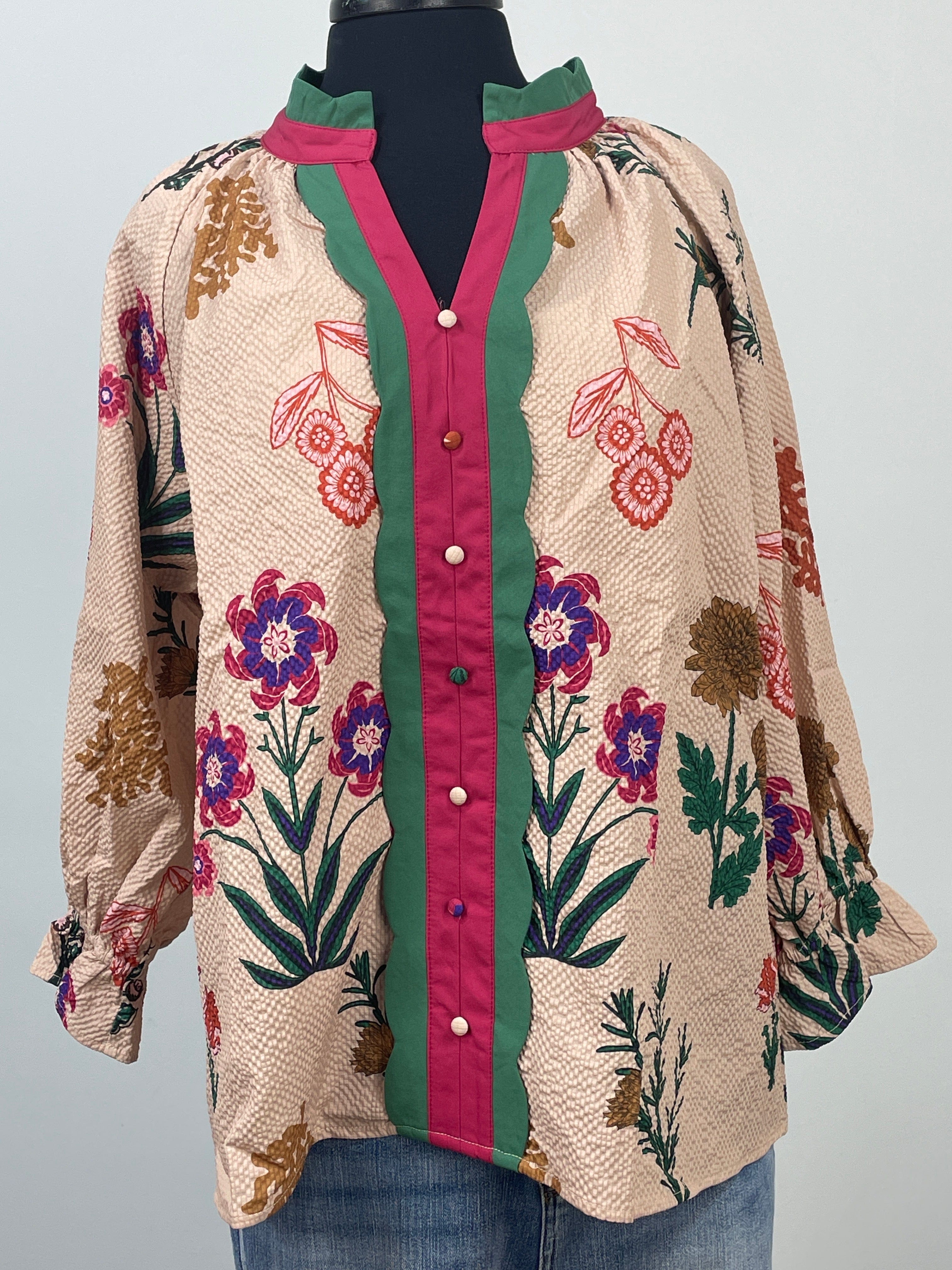 Tan Flower Print Collared Blouse