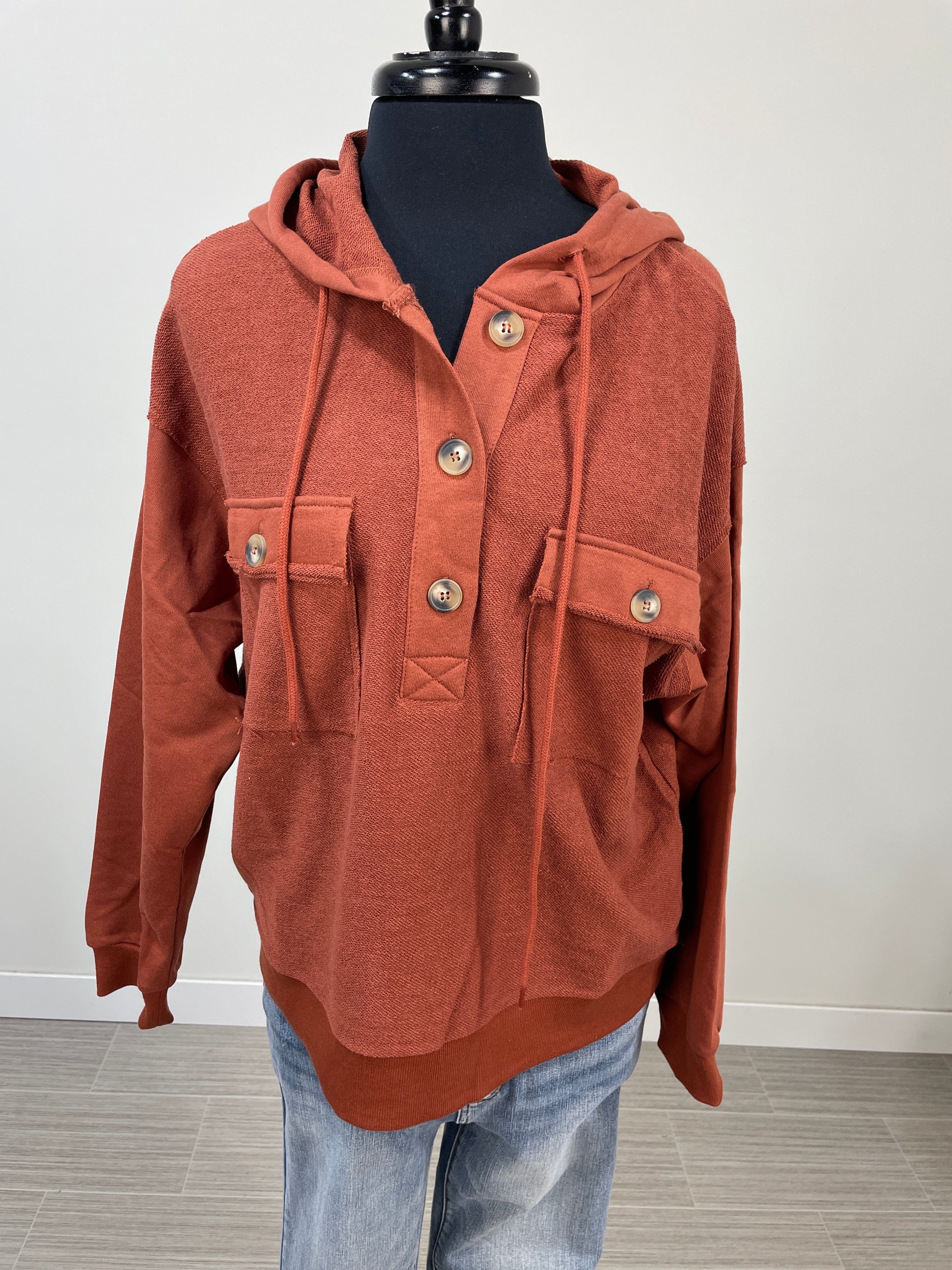 Rust Button Detail Hooded Terry Top