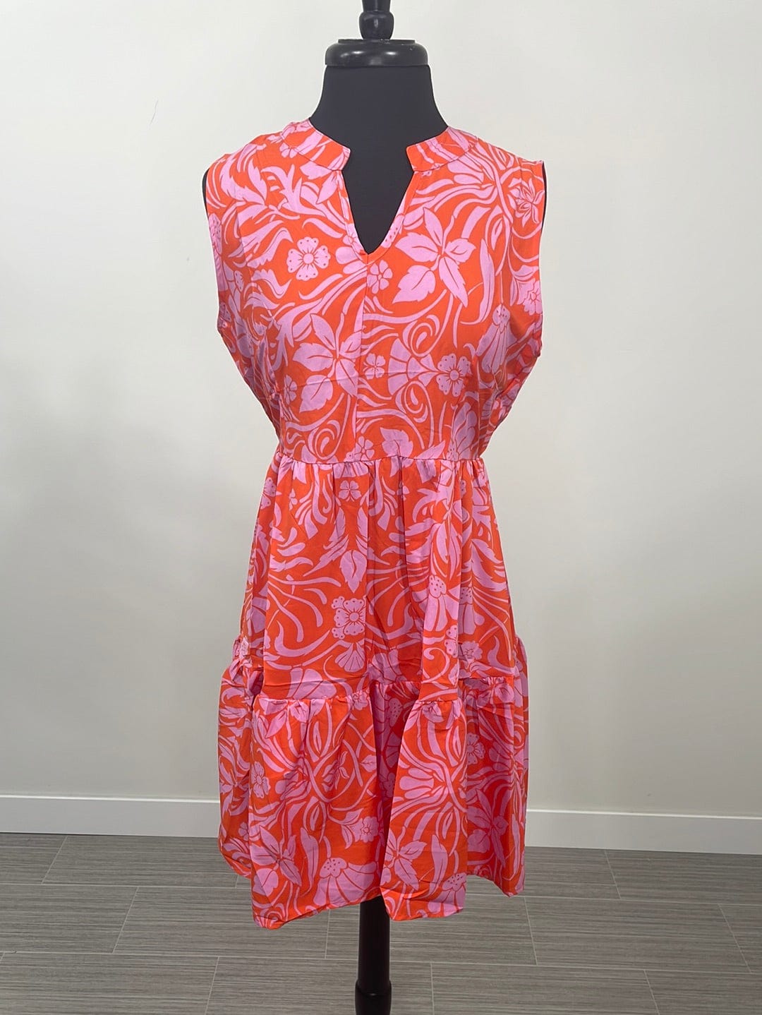Orange & Mauve Tropical Floral Tiered Mini Dress