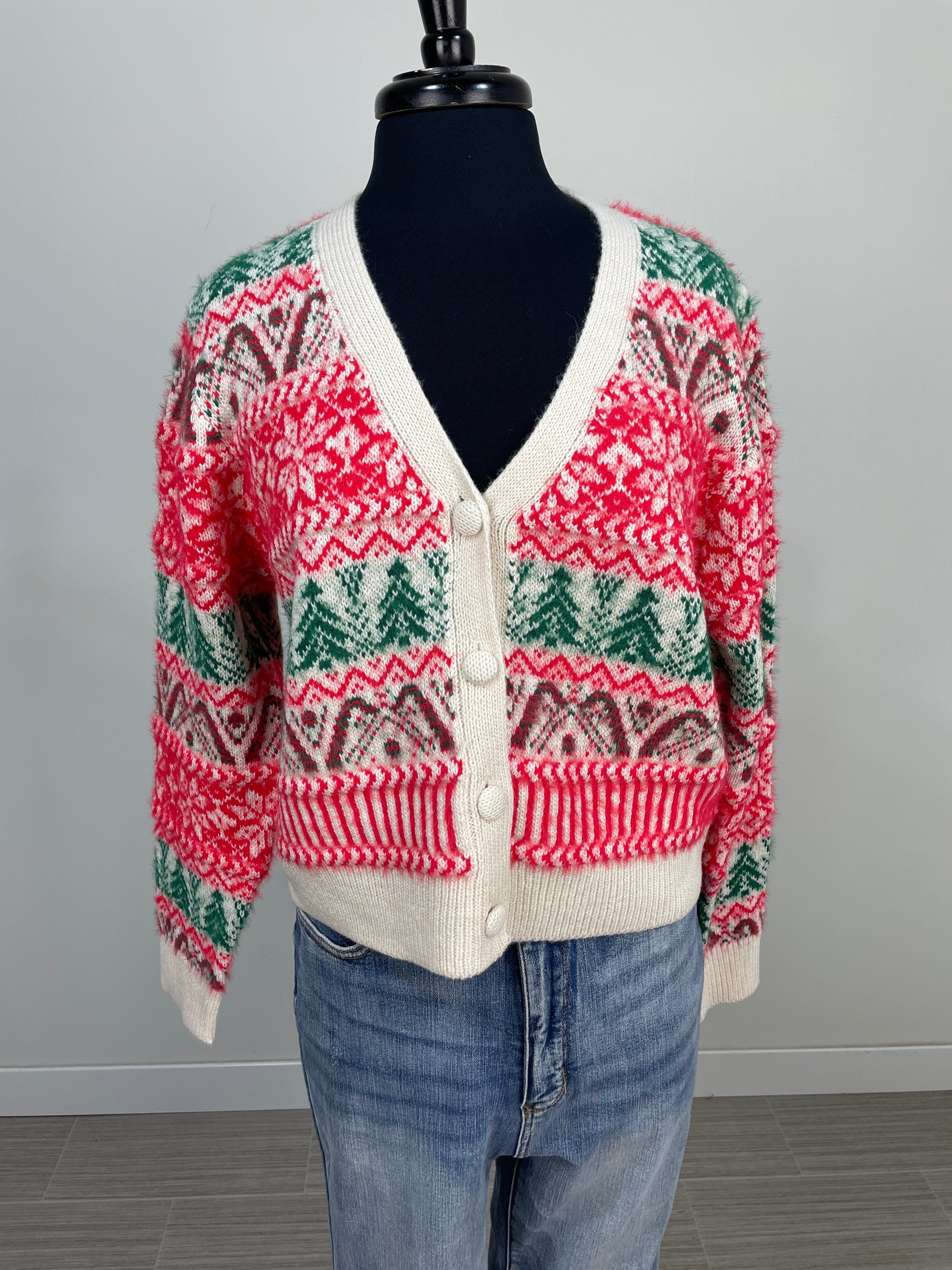 Red & Green Fairisle Cardigan Sweater