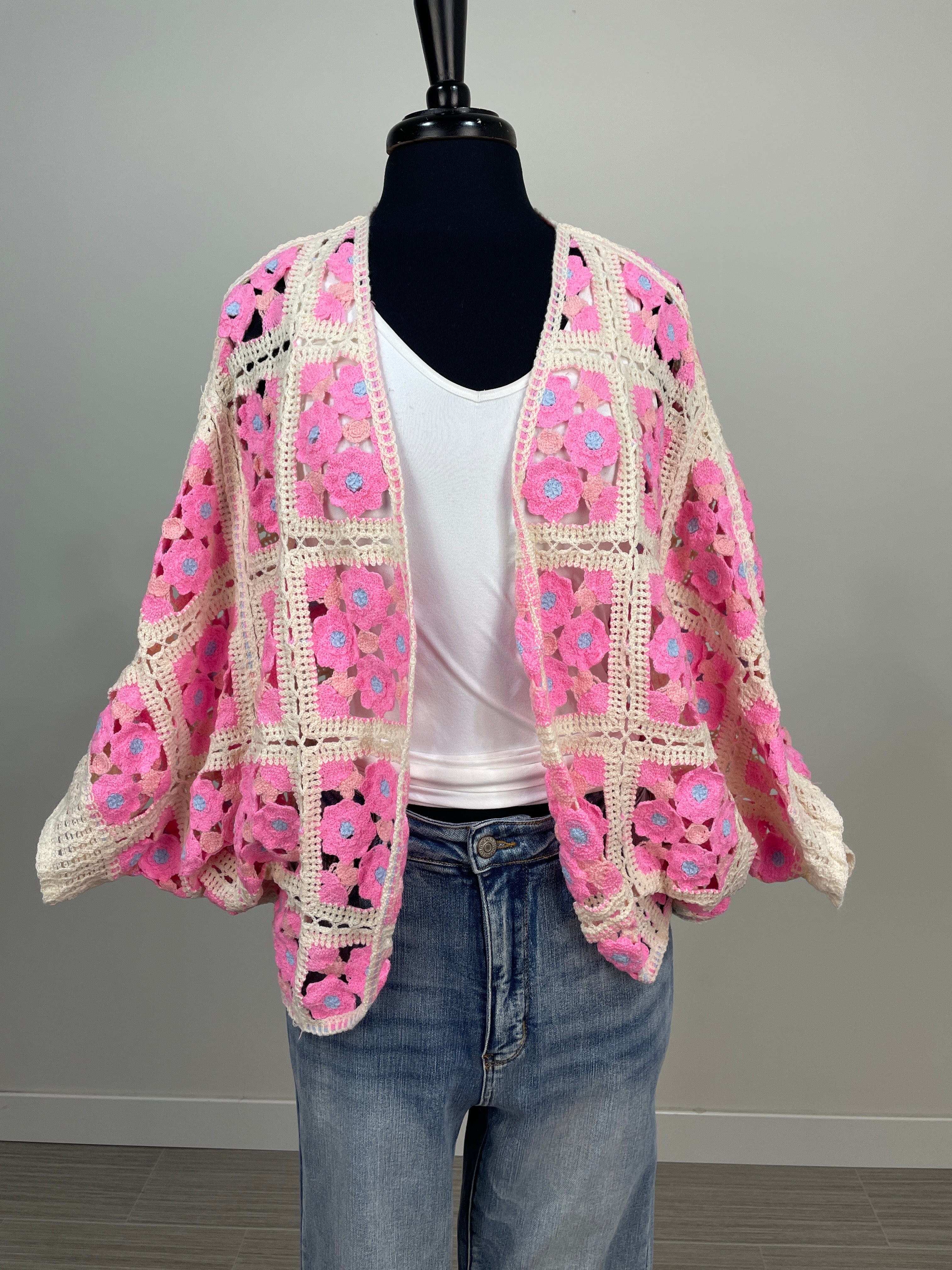 Pink Multi Crochet Dolman Sleeve Cardigan