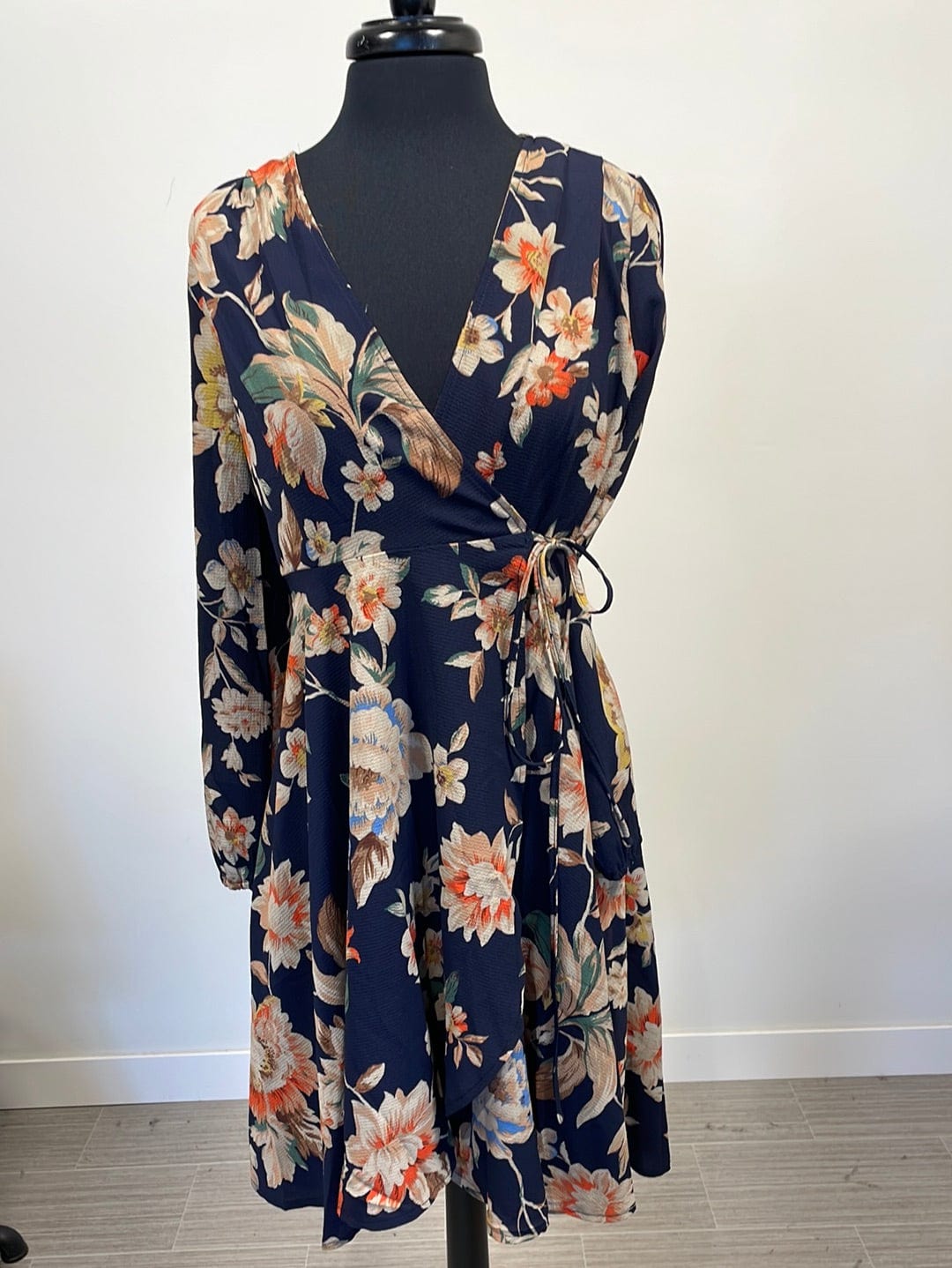 Navy Floral Crepe Wrap Dress