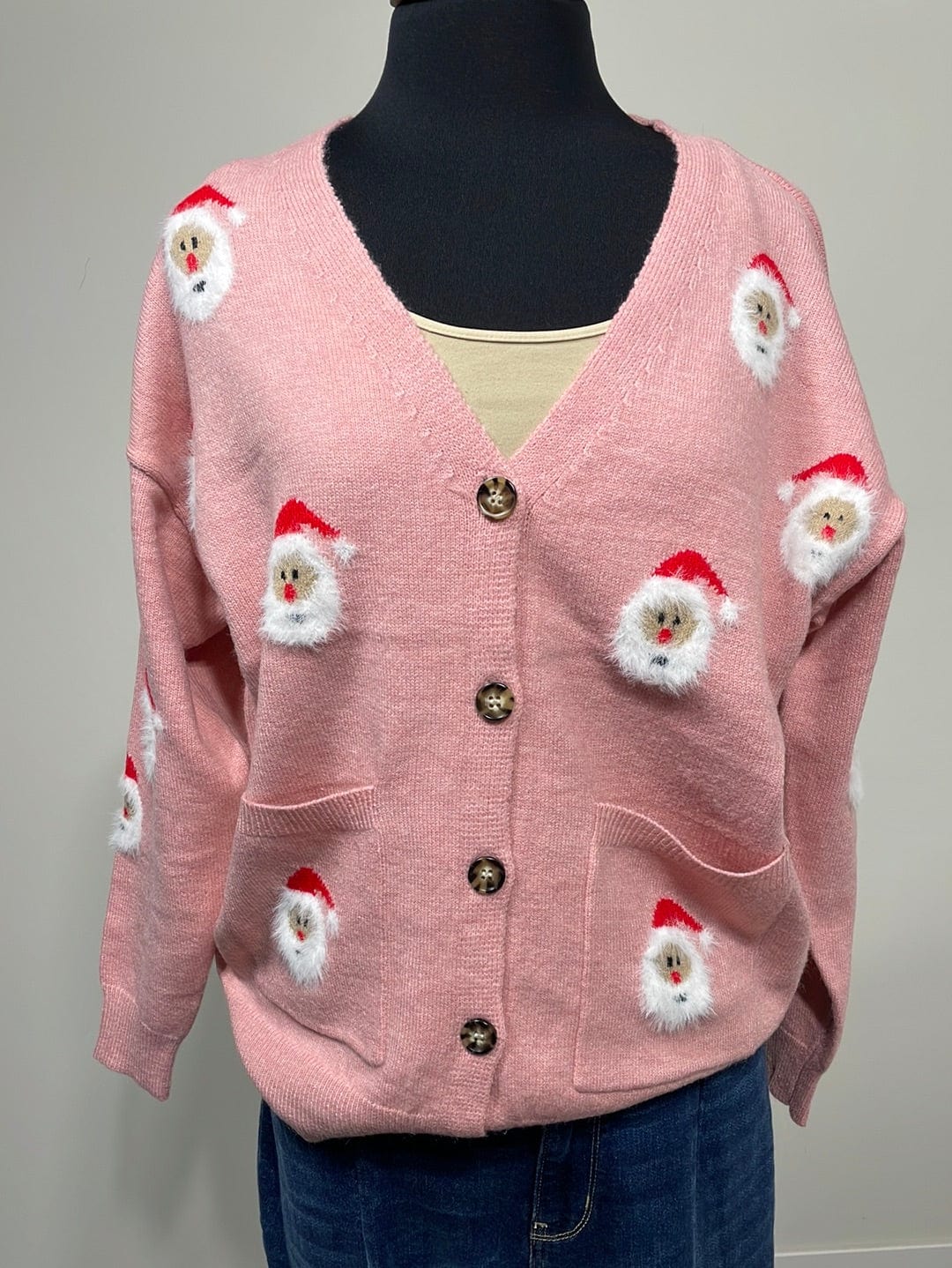 Santa Clause Pattern Pink Cardigan
