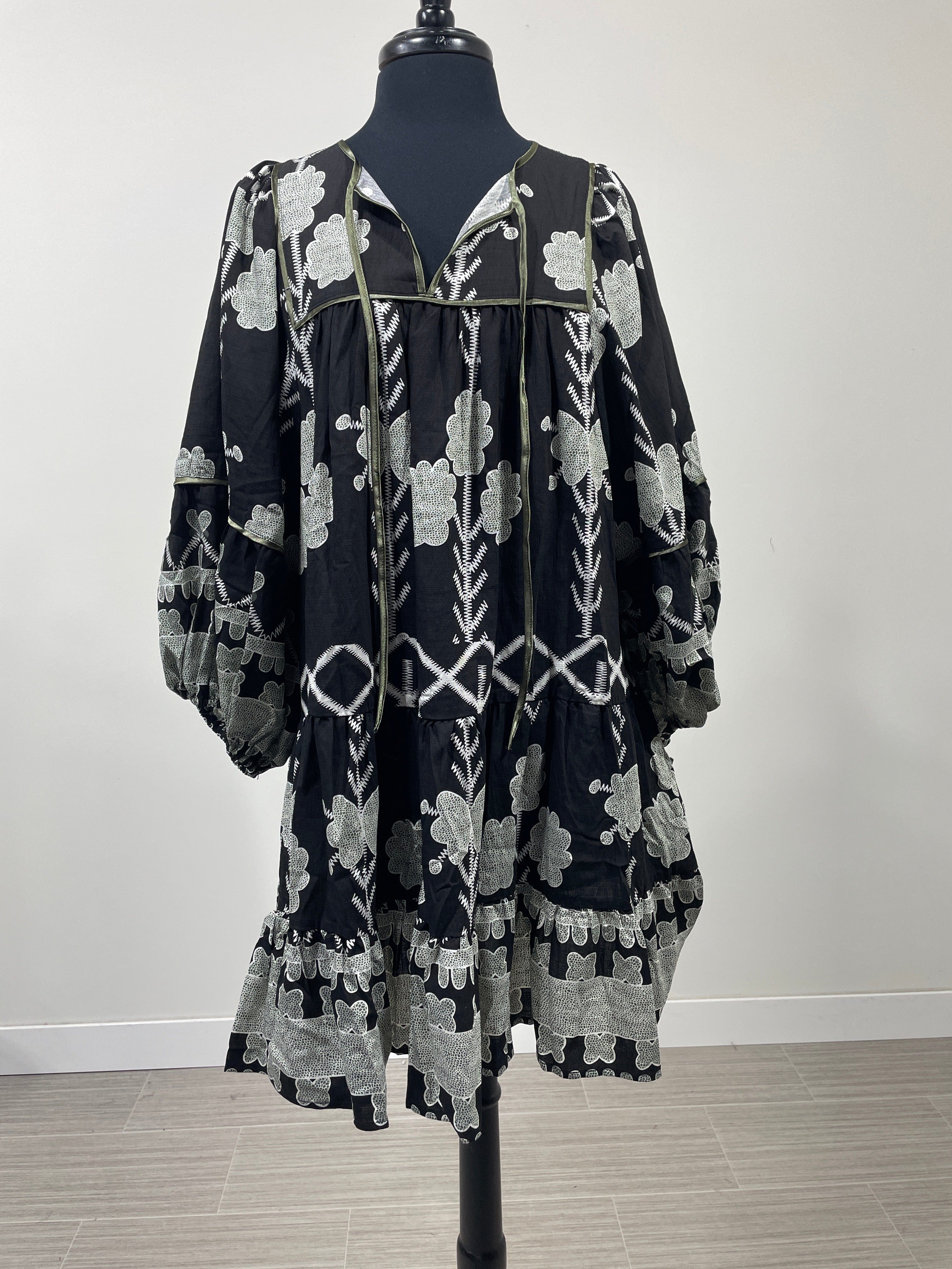 Black Tribal Print Tie Neck Tiered Dress