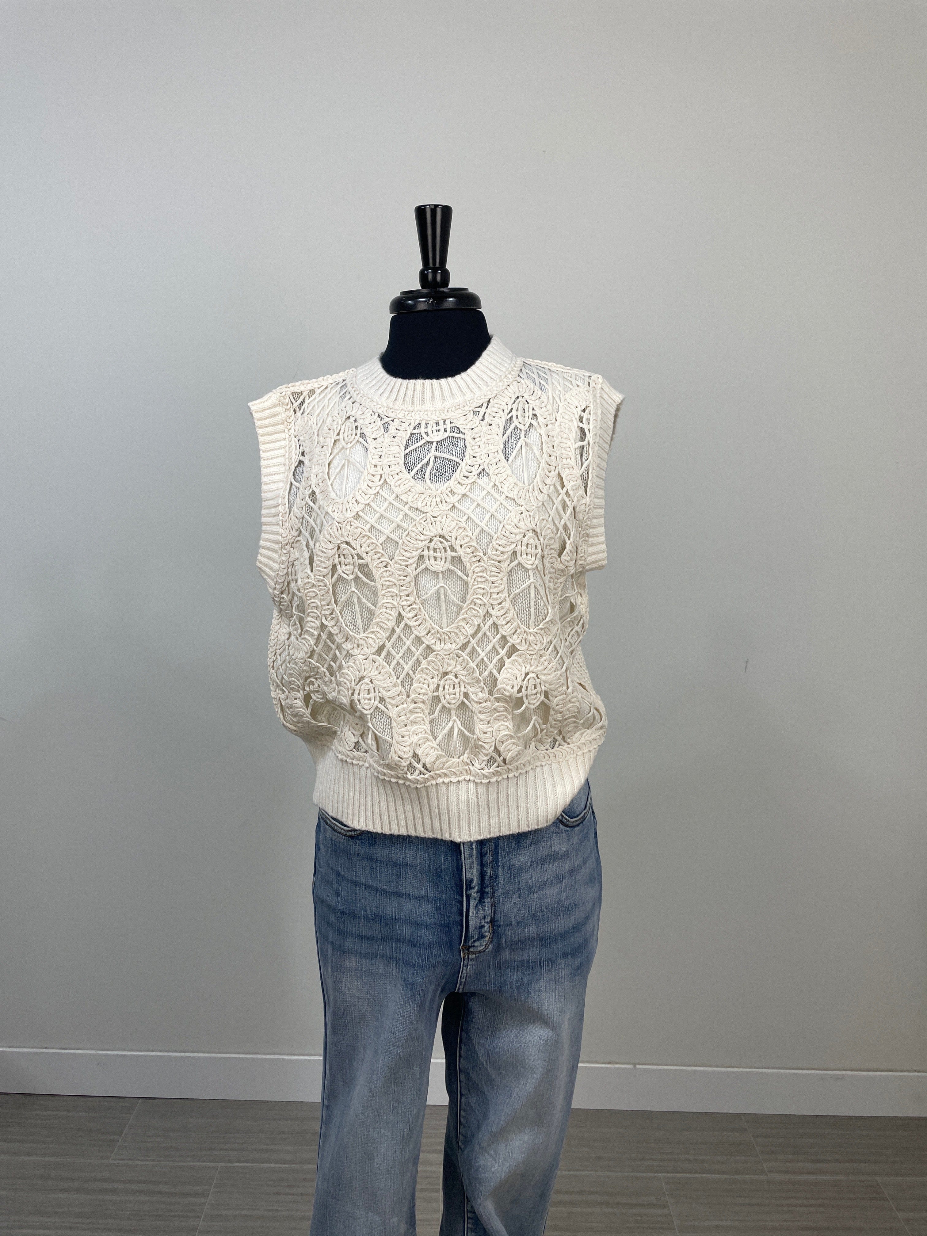 Beige Oval Open Crew Neck Sweater Vest