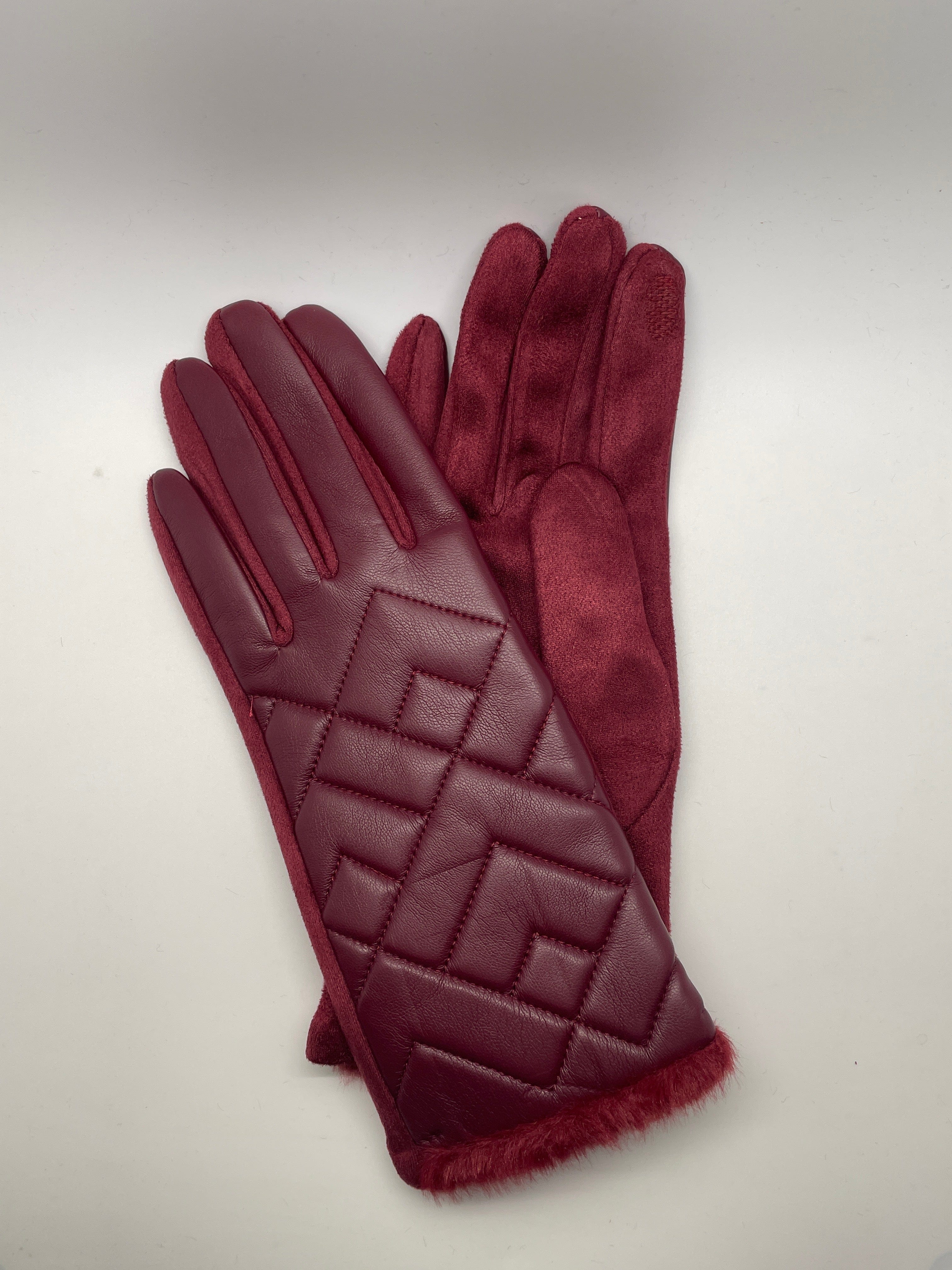 Burgundy Diamond Quilted Faux Fur Glove