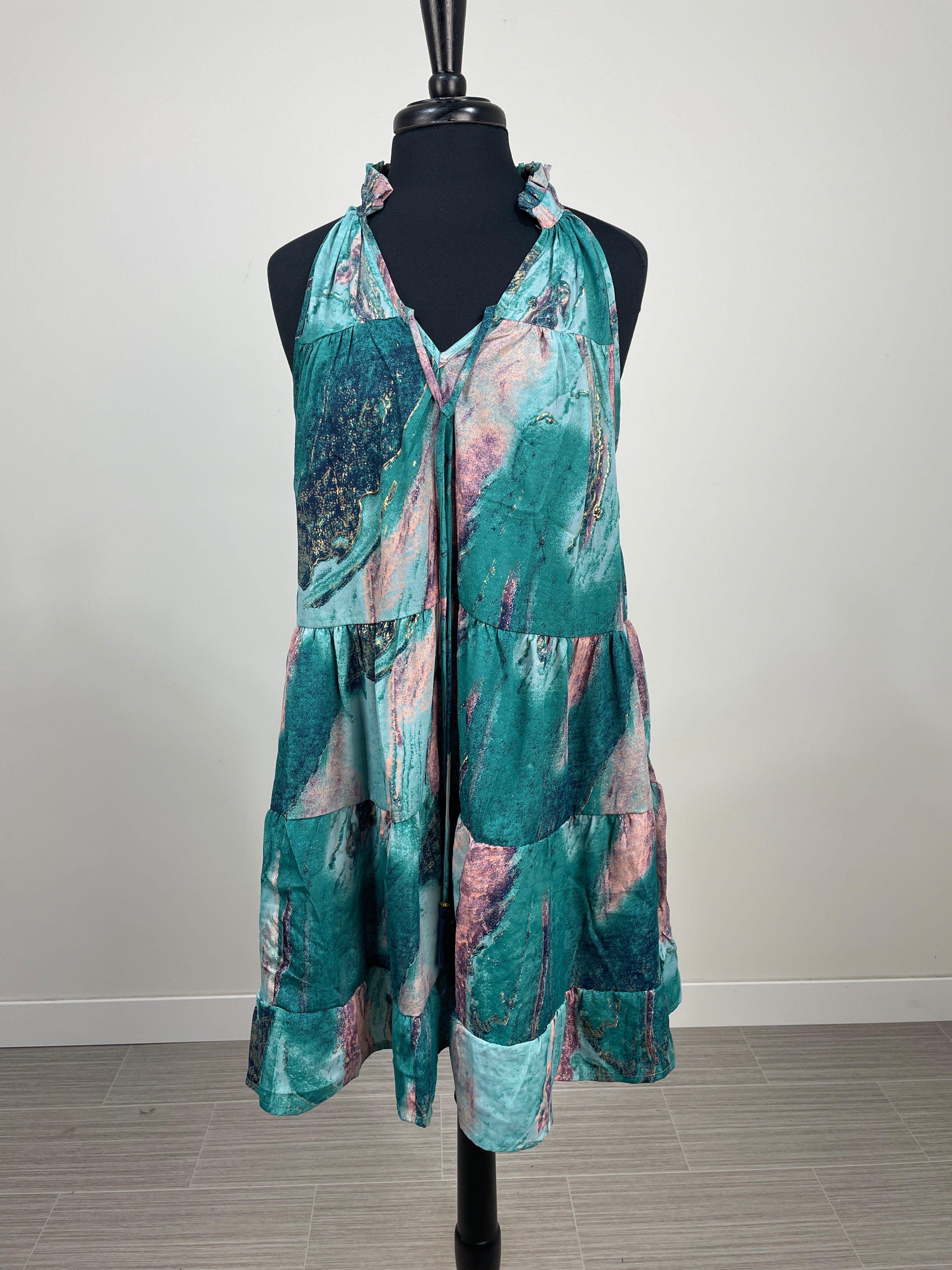 Teal & Purple Metallic Short Tier Halter Dress