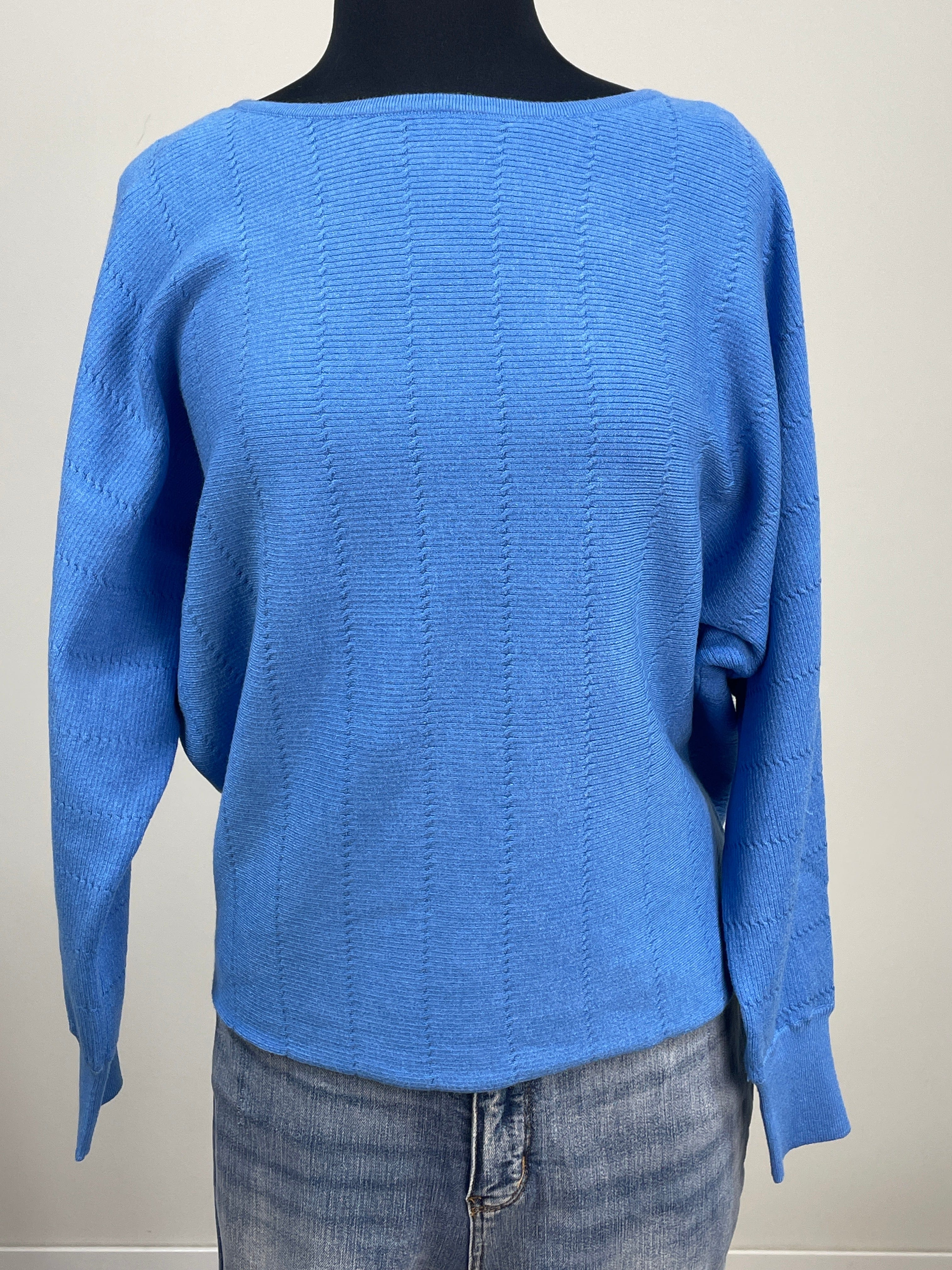 Blue Textured Dolman Boat Neck Sweater