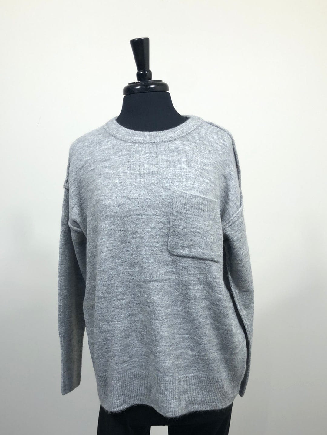 Heathered Grey Pocket Round Neck Sweater