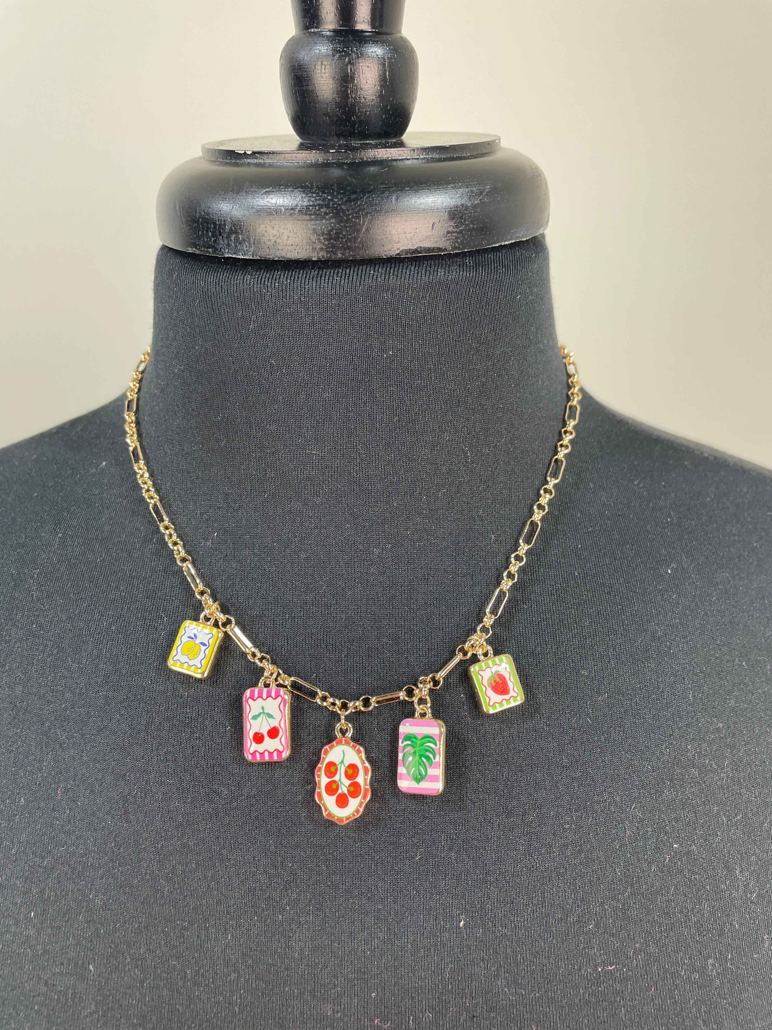 Gold Mixed Fruit Icon Charms Necklace
