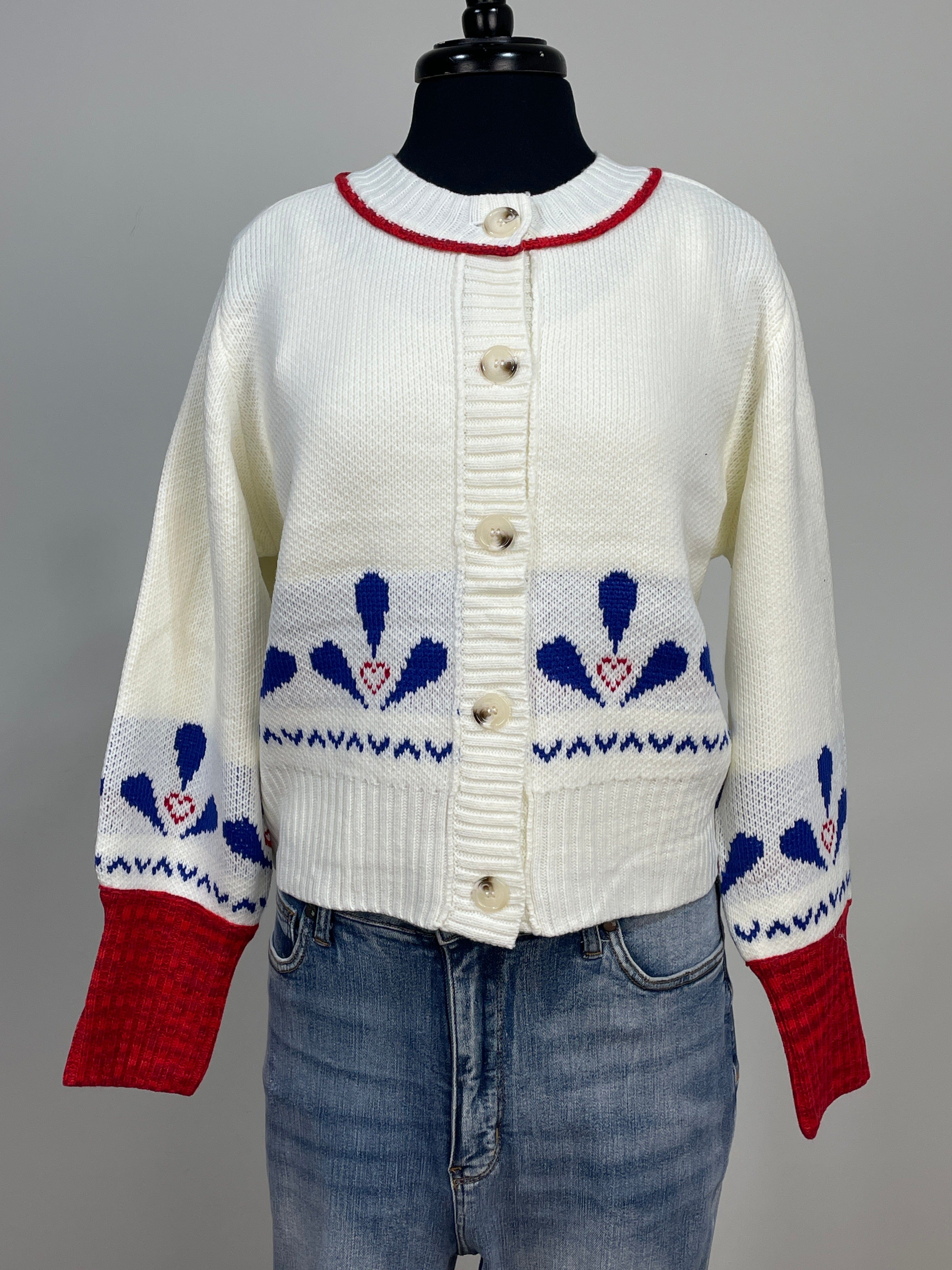 Cream with Red Trim Collar Button Up Cardigan
