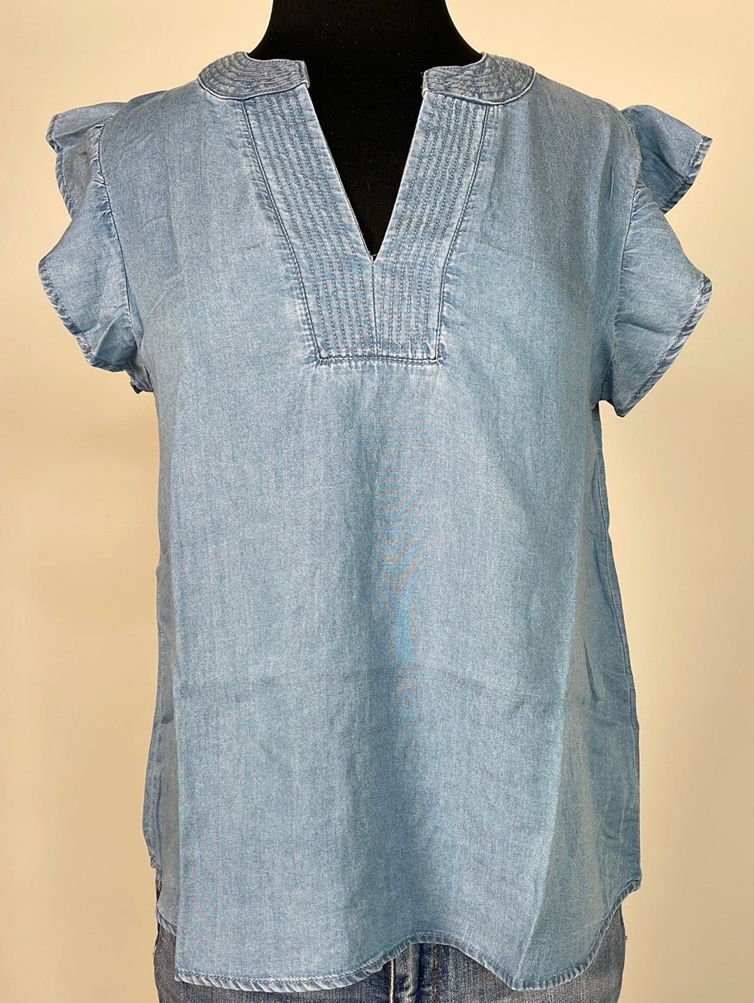 Chambray Woven Ruffle Sleeve Top