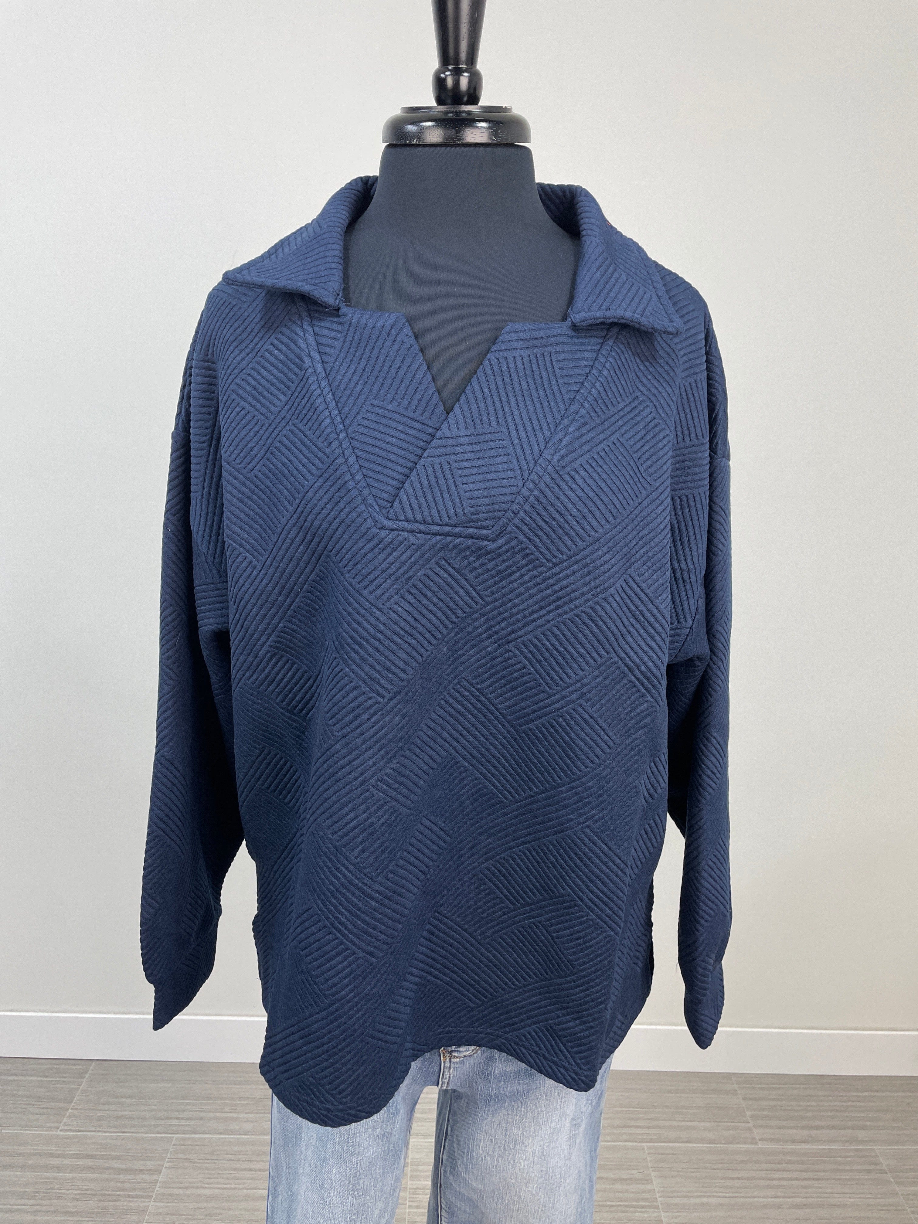 Navy Textured Collared Top