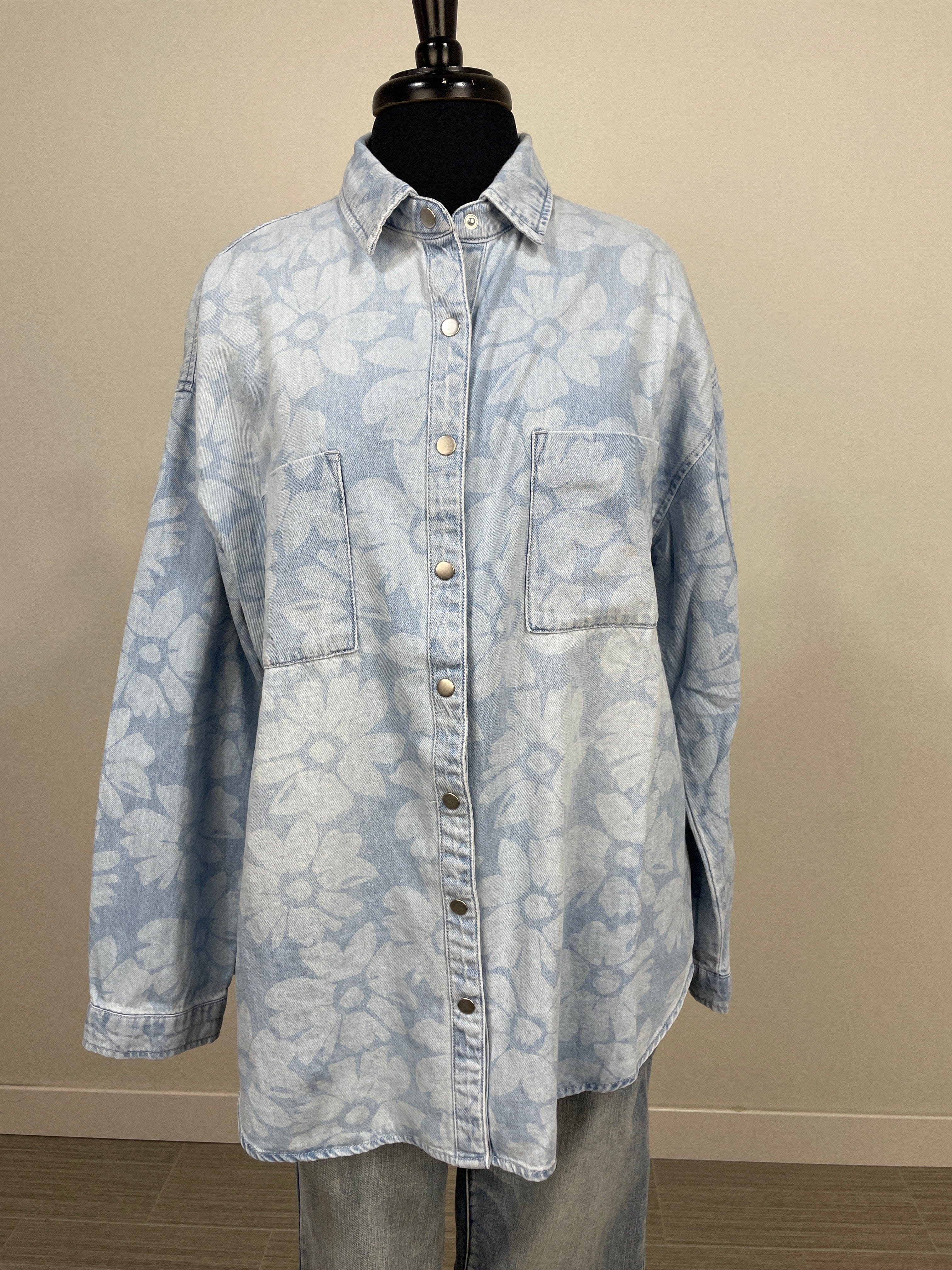 Light Denim Floral Print Button Up Top