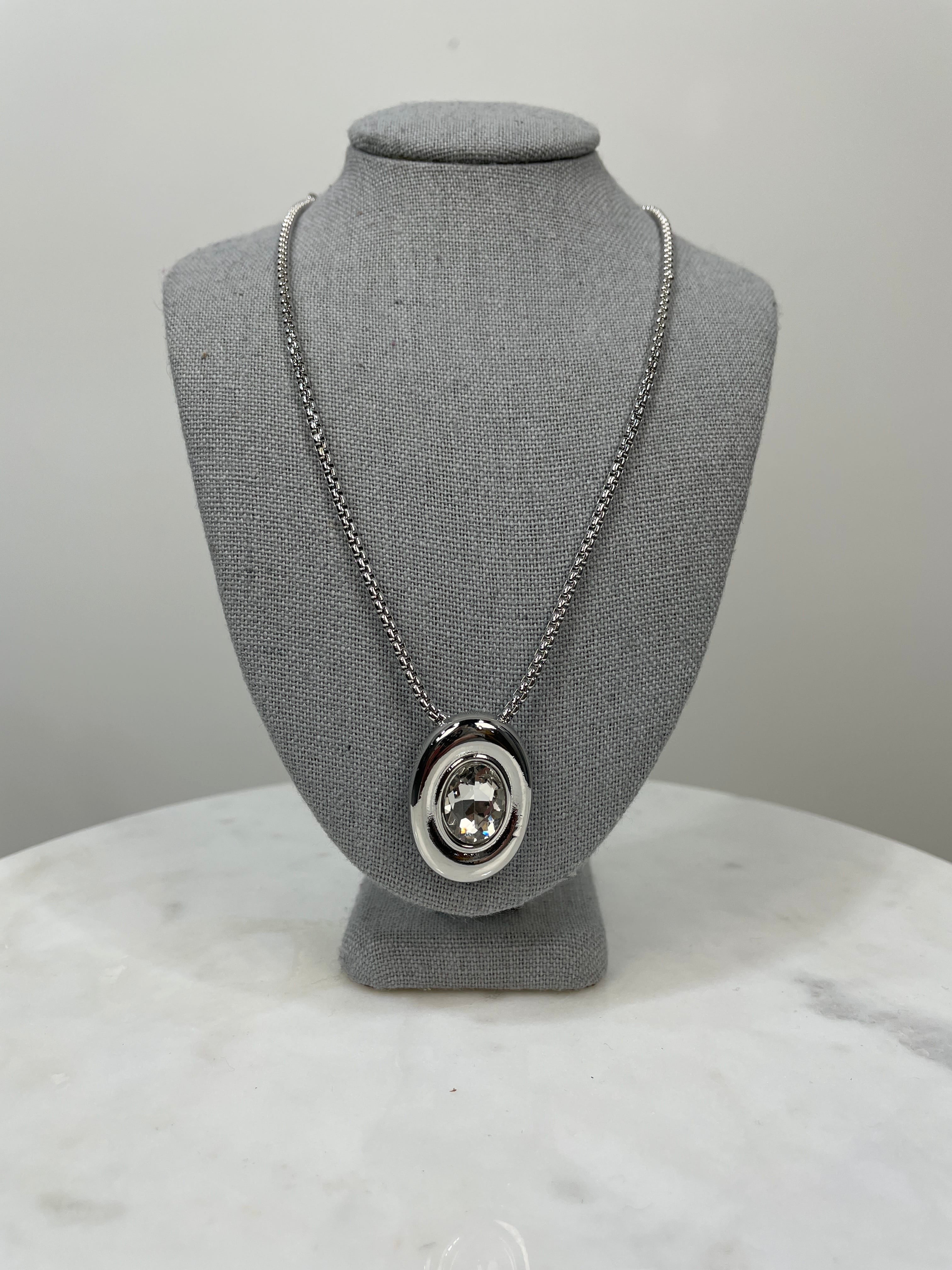 Silver Crystal Oval Necklace