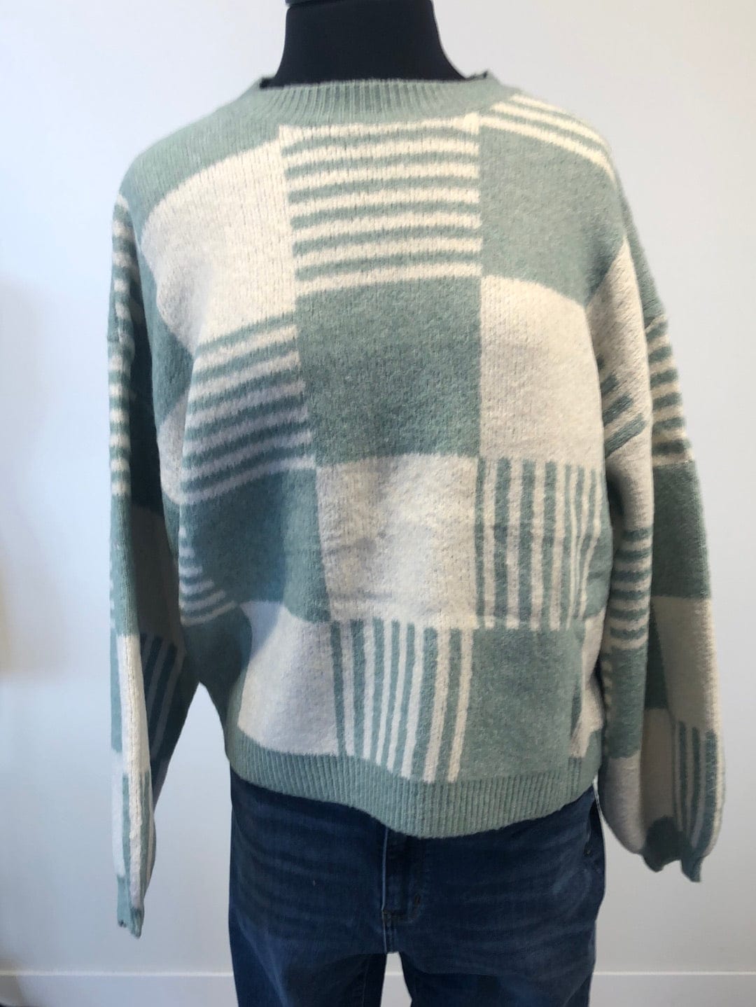 Mint & Ivory Square Lines Sweater