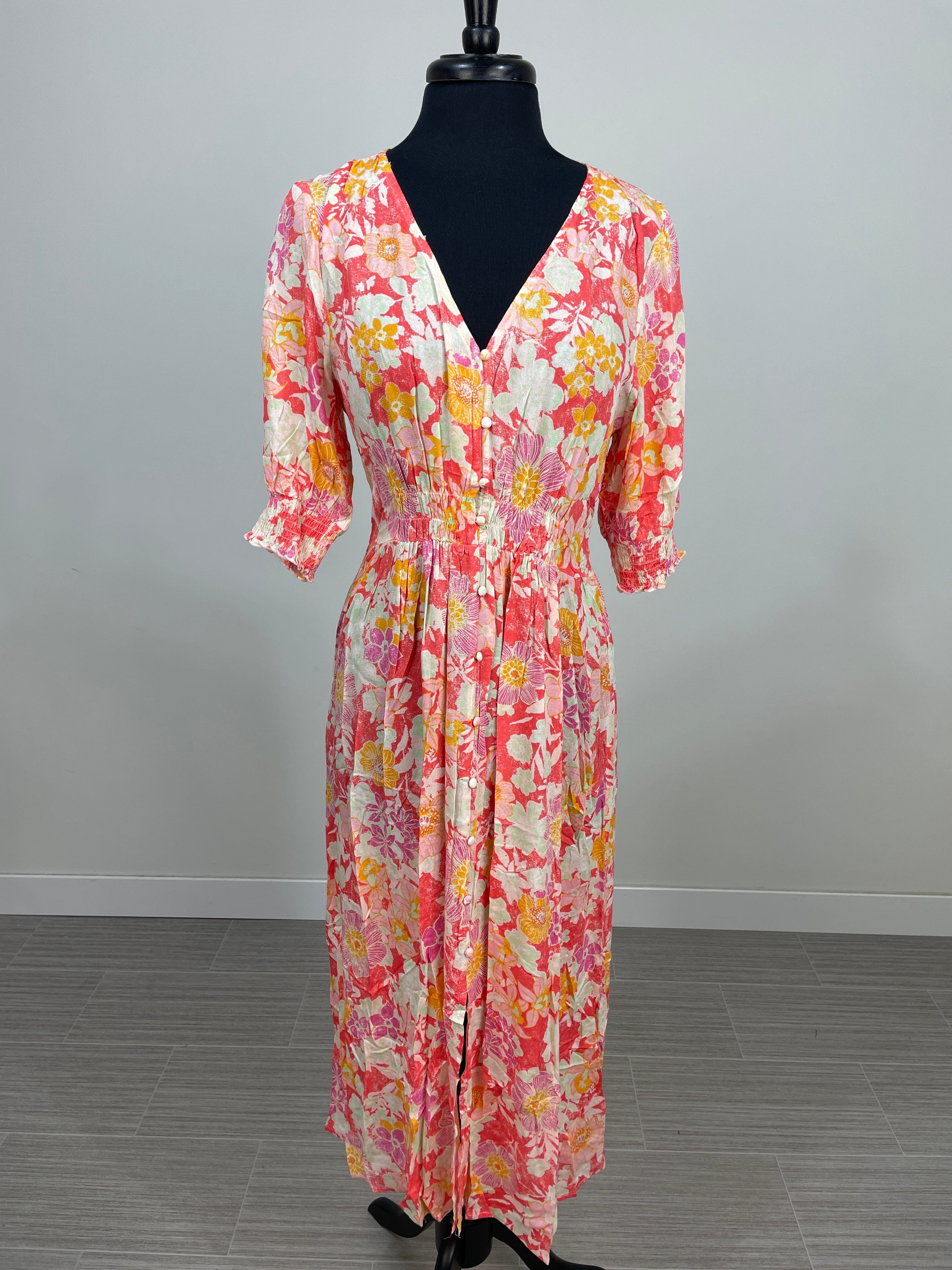 Coral Mix Floral Dress With Slit