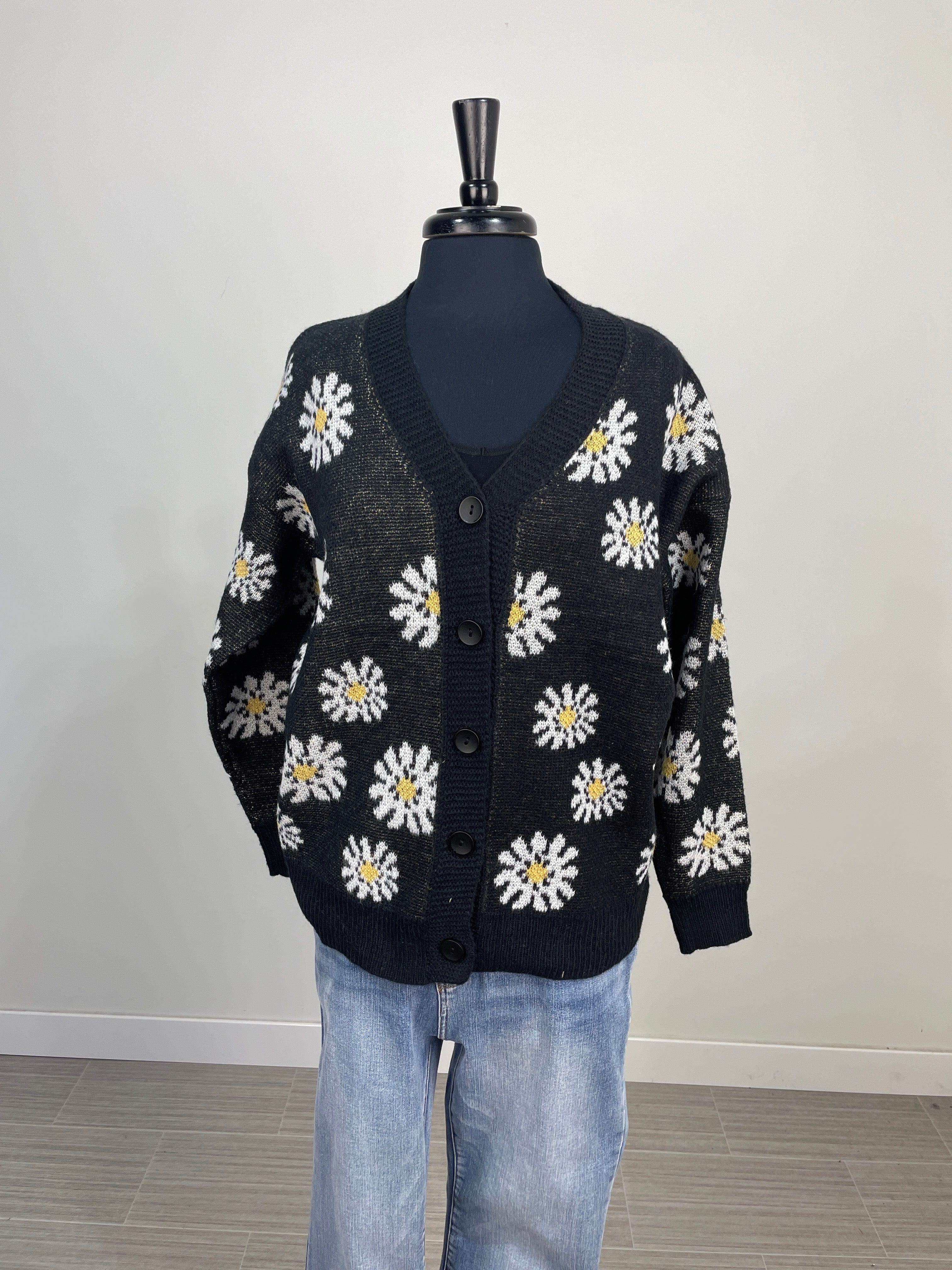 Black Floral Button Cardigan