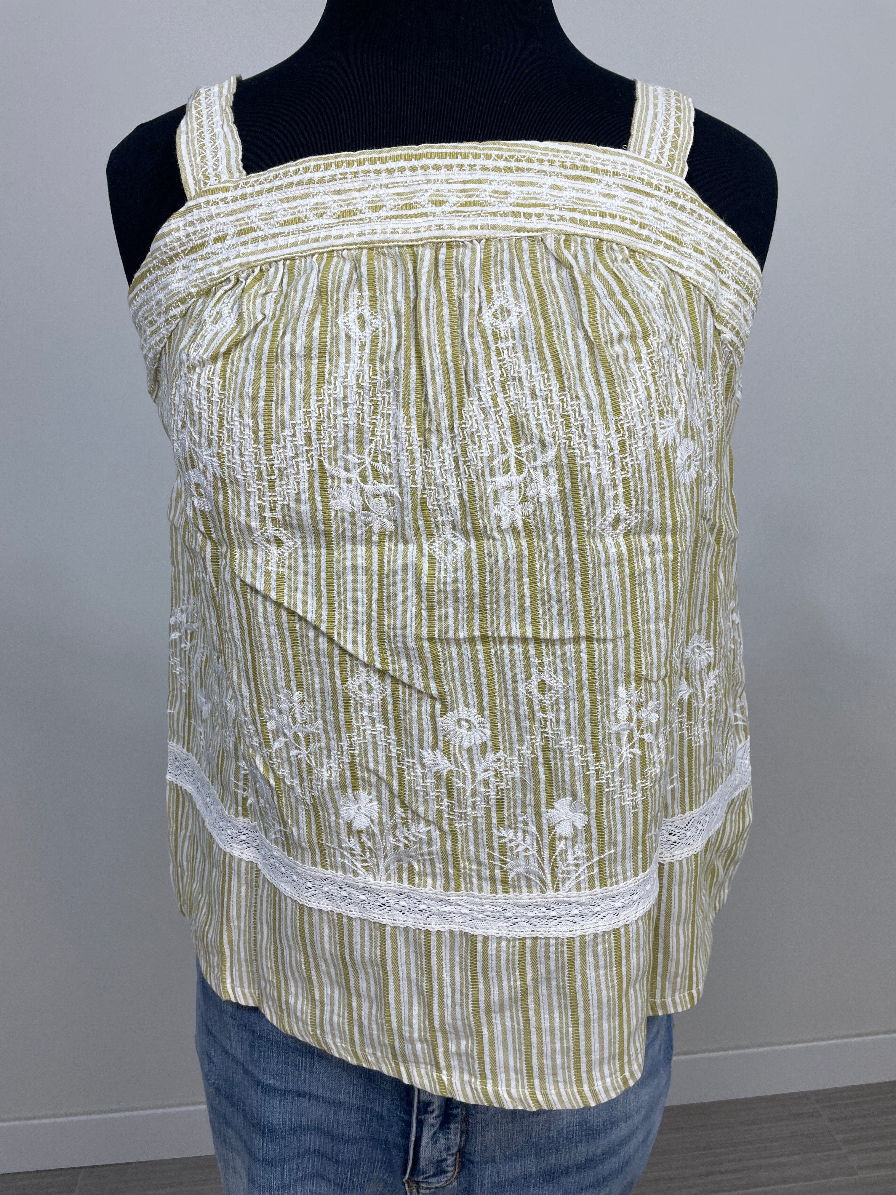 Chartreuse Stripe Embroidered Baby Doll Tank
