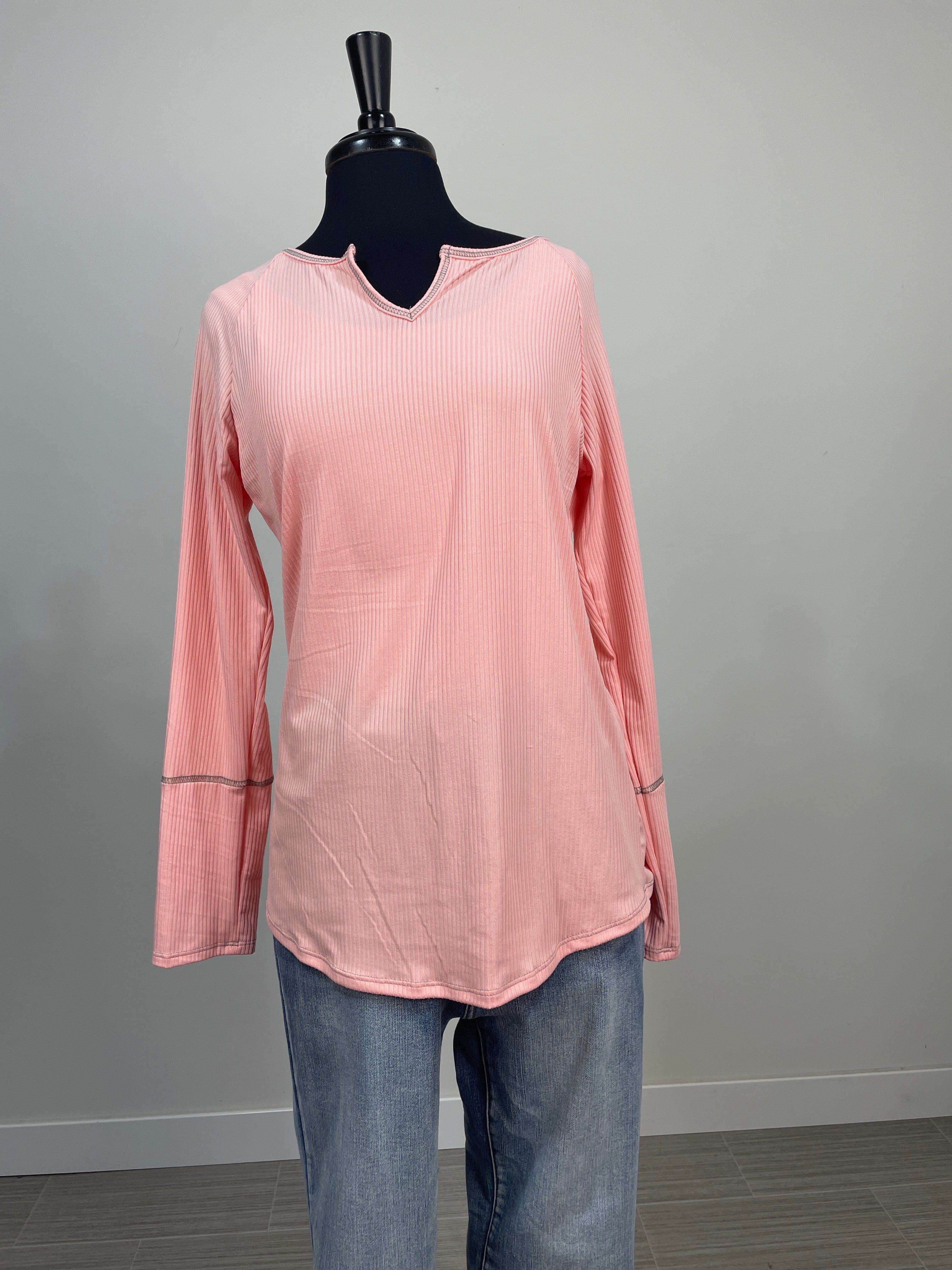 Coral Ribbed Split Neck Top