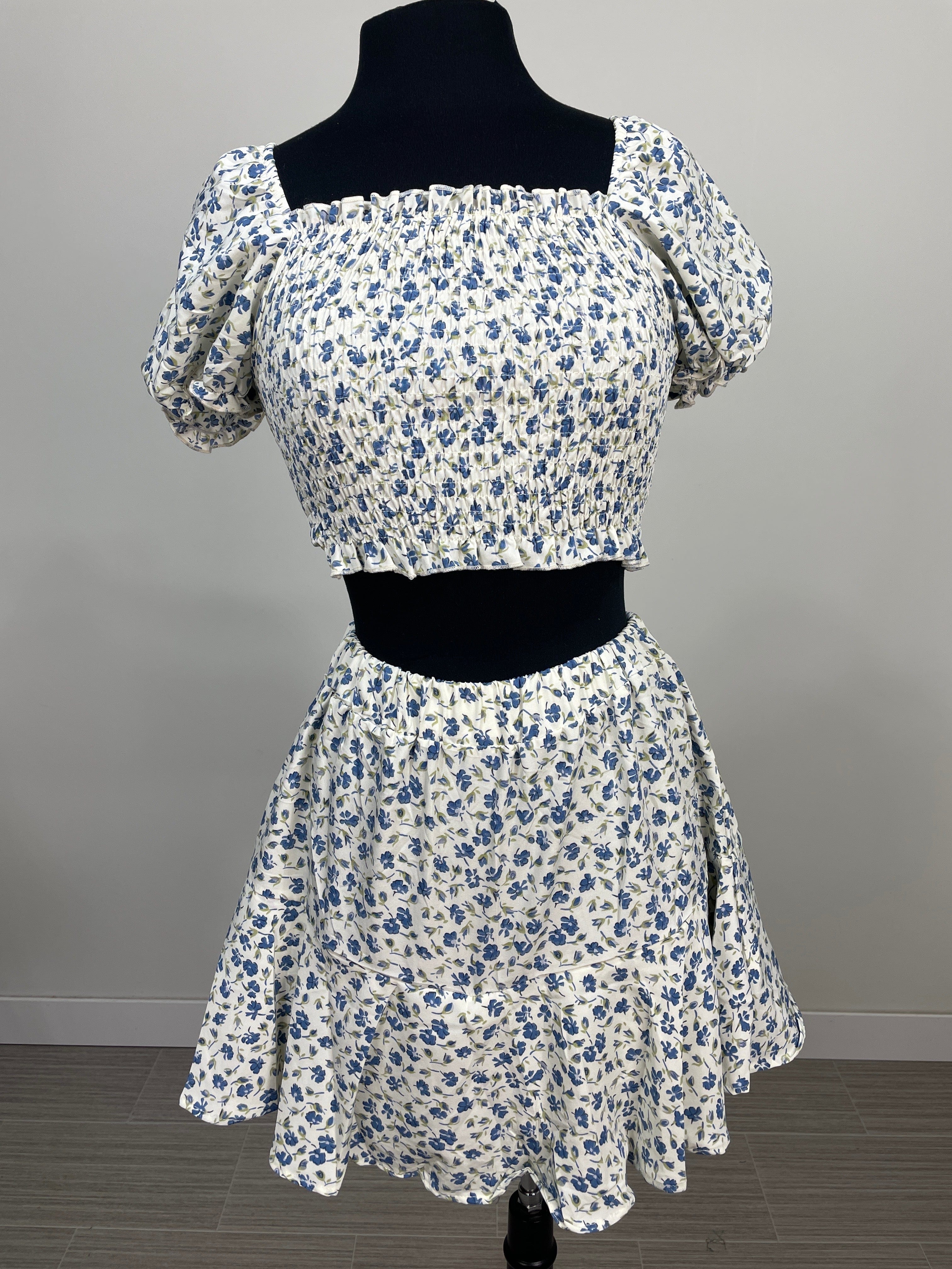 Cream & Navy Floral 2pc Skirt & Crop Top Set