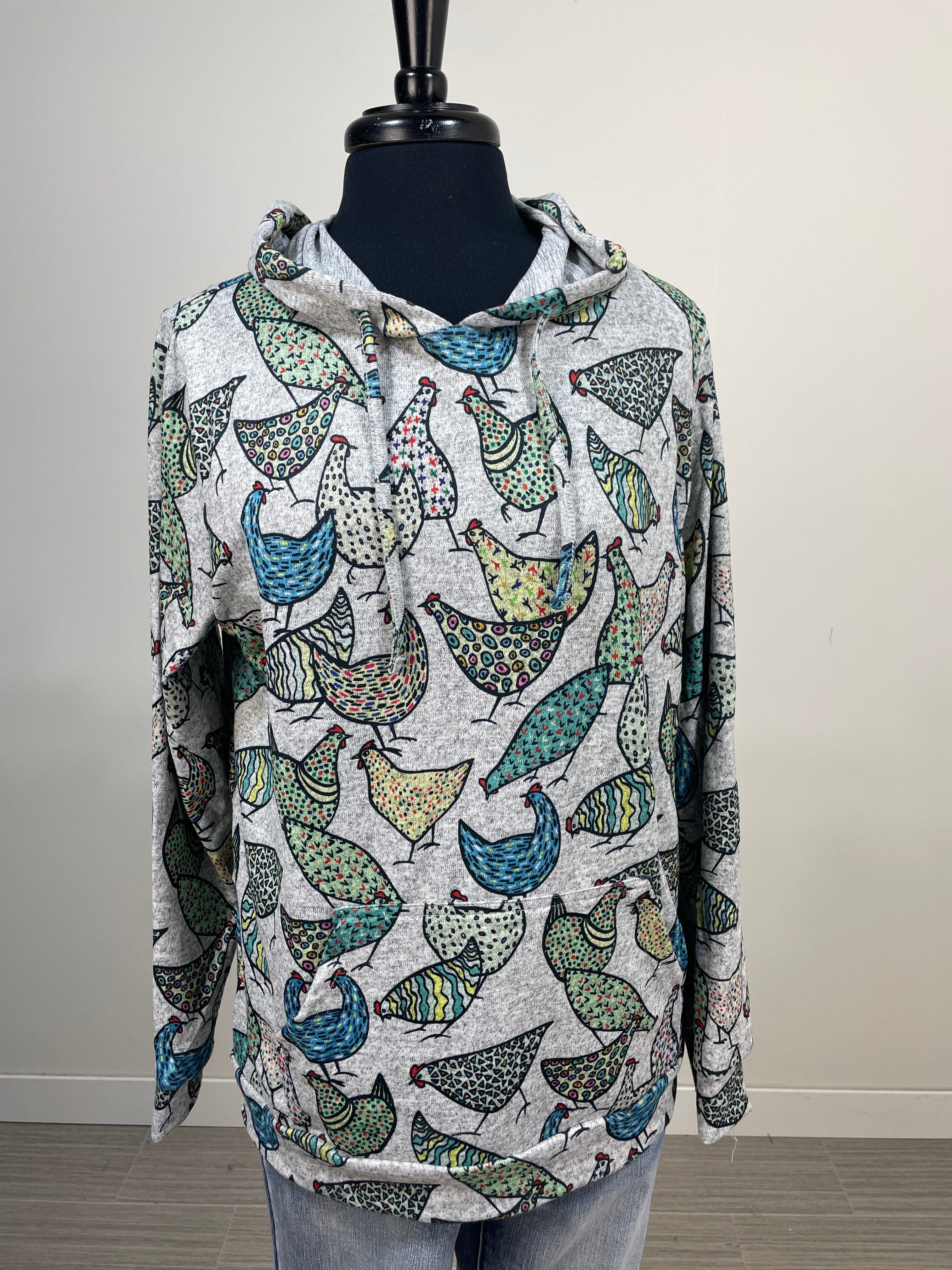 Grey Chicken Print Soft Pullover Hoodie