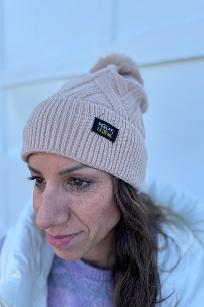 Polar Extreme Women's Brushed Zig Zag Pom Lined Hat - Beige