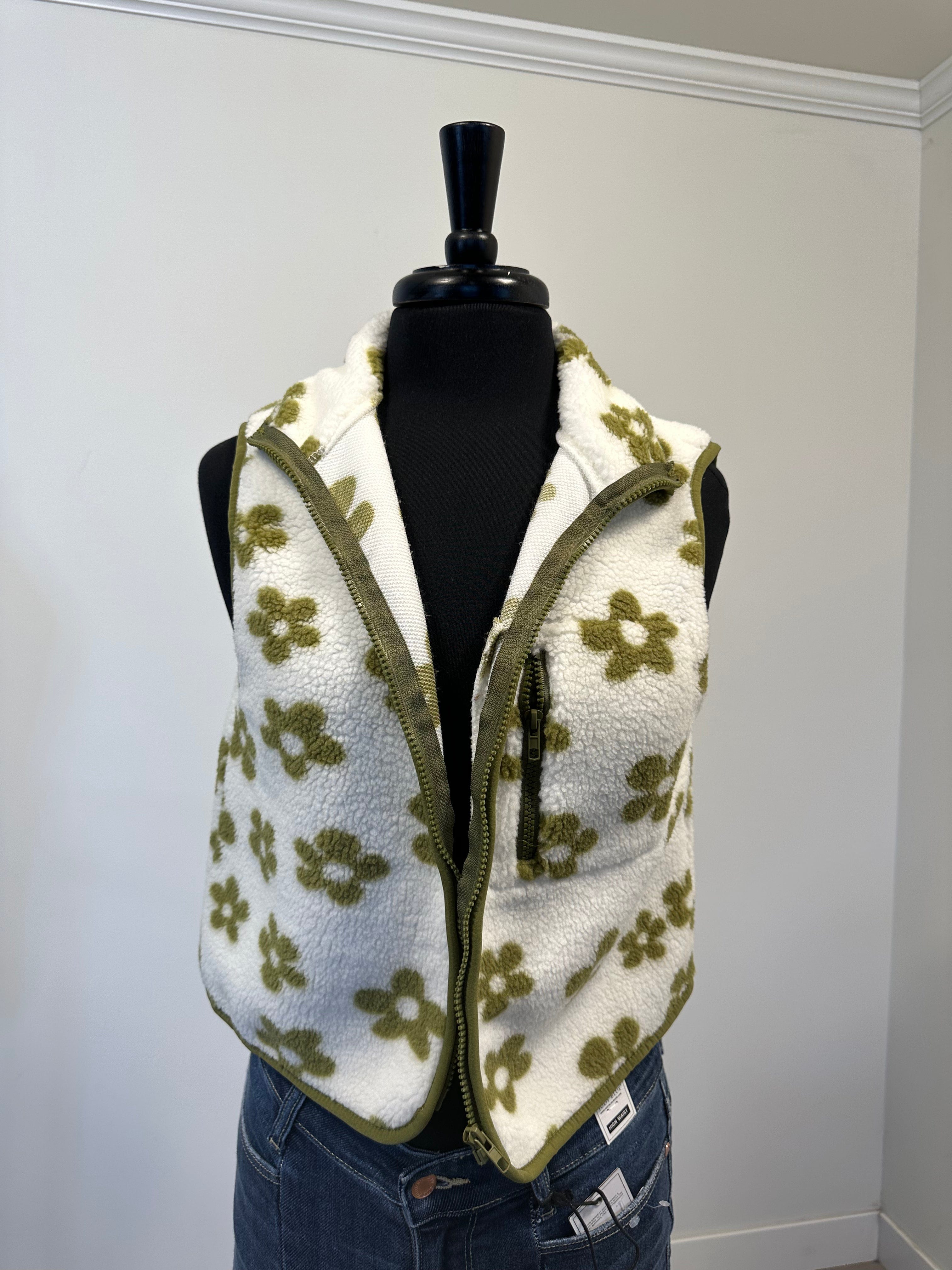 Olive Vintage Flower Teddy Vest