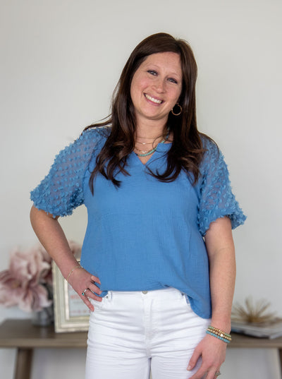 Denim Blue Gauze w/Applique Sleeve Top