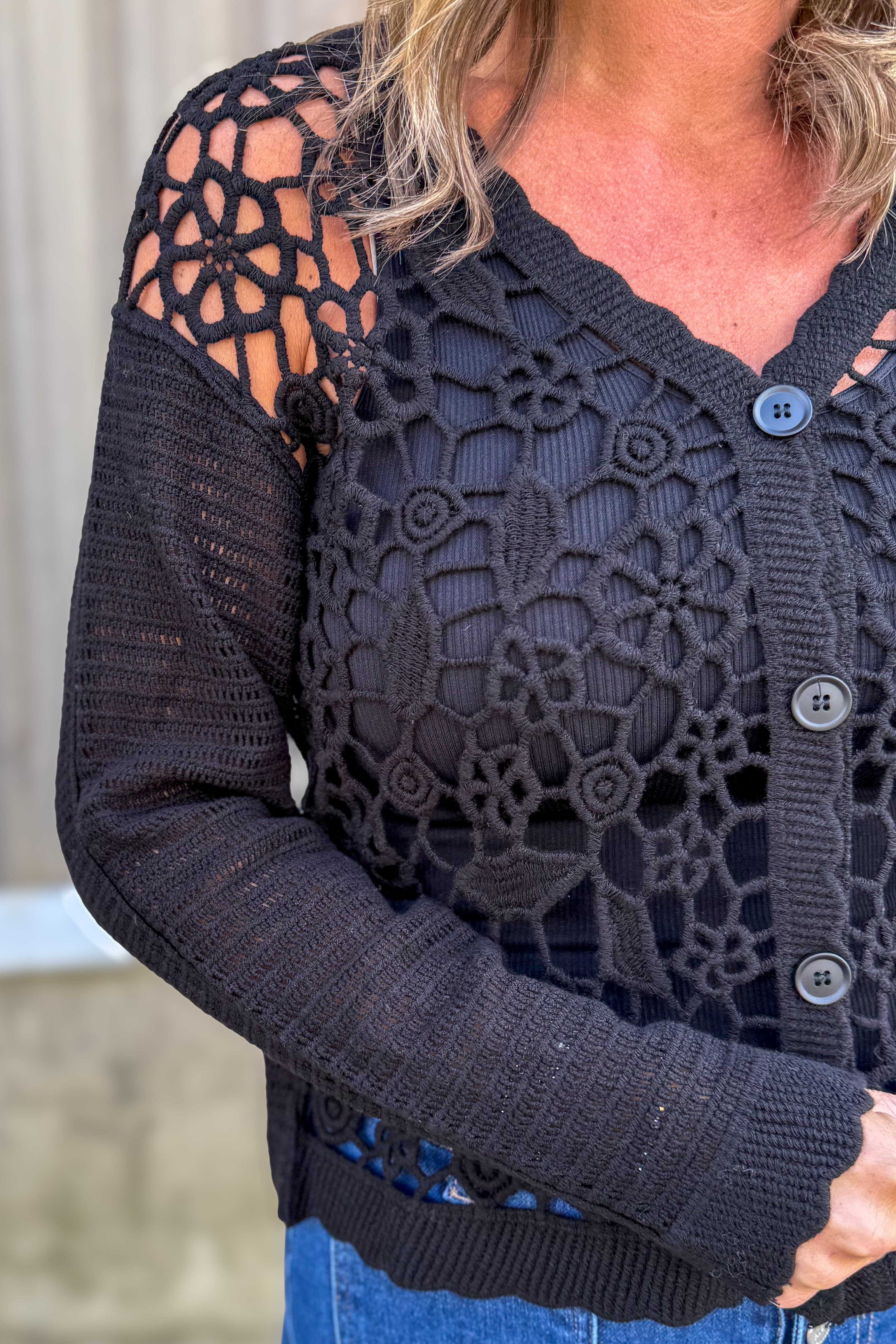 Black Floral Open Crochet Cardigan details
