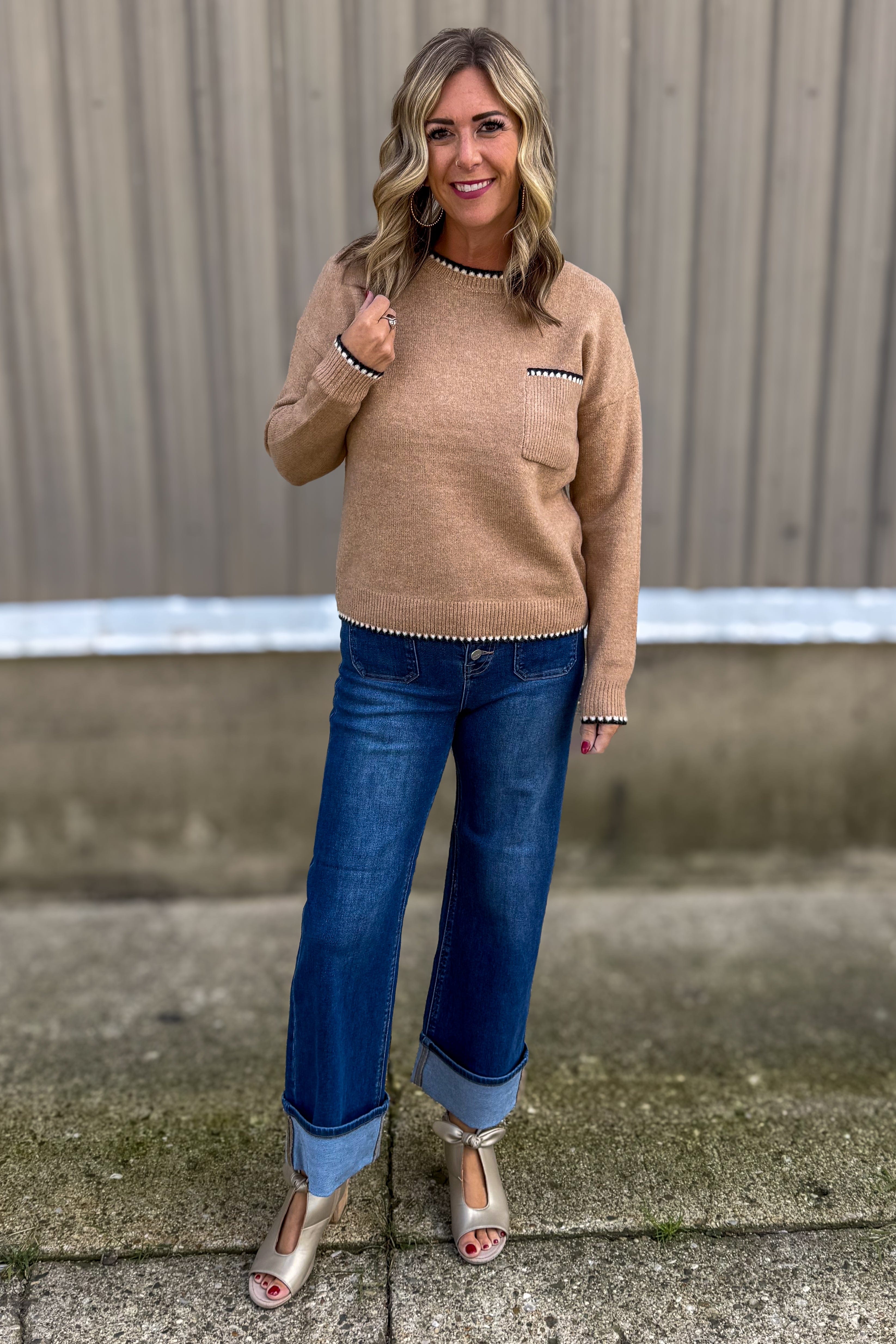 Light Camel Stitch Edge Pocket Sweater styled