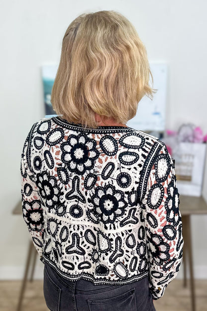 Black & Cream Floral Crochet Cardigan back