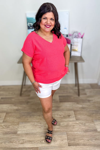 Coral V-Neck Short Sleeve Sweater styled