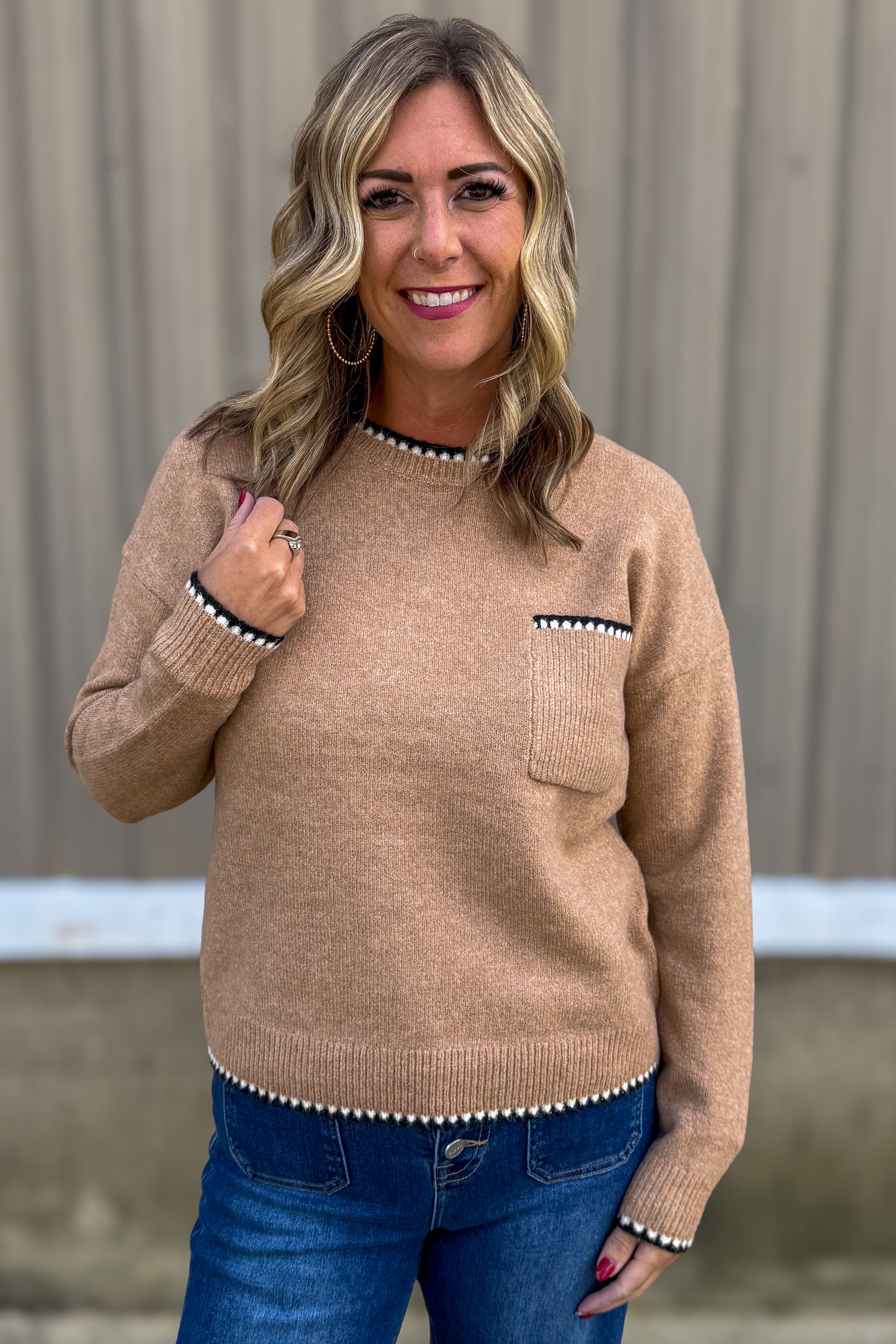 Light Camel Stitch Edge Pocket Sweater
