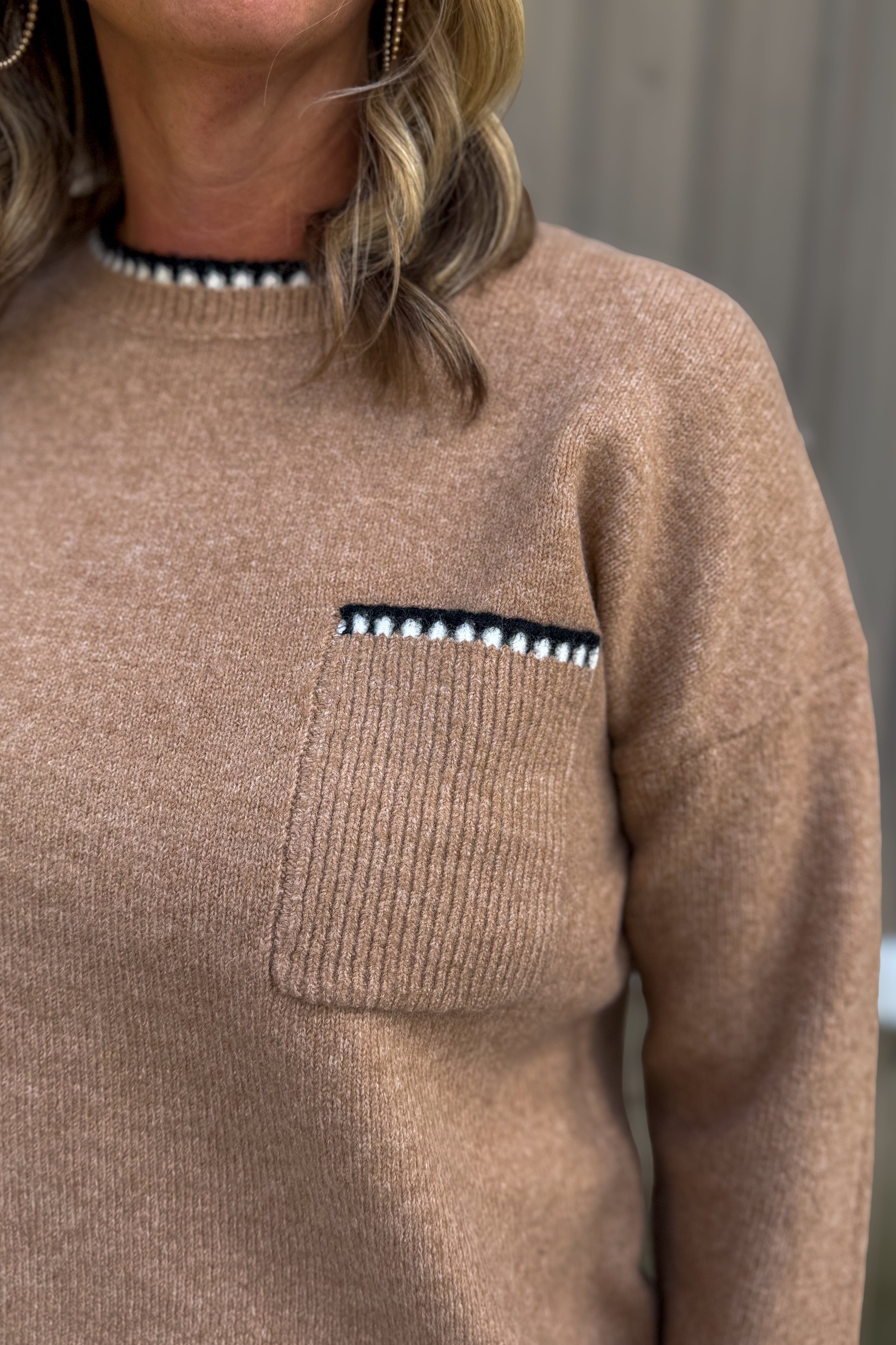 Light Camel Stitch Edge Pocket Sweater detail