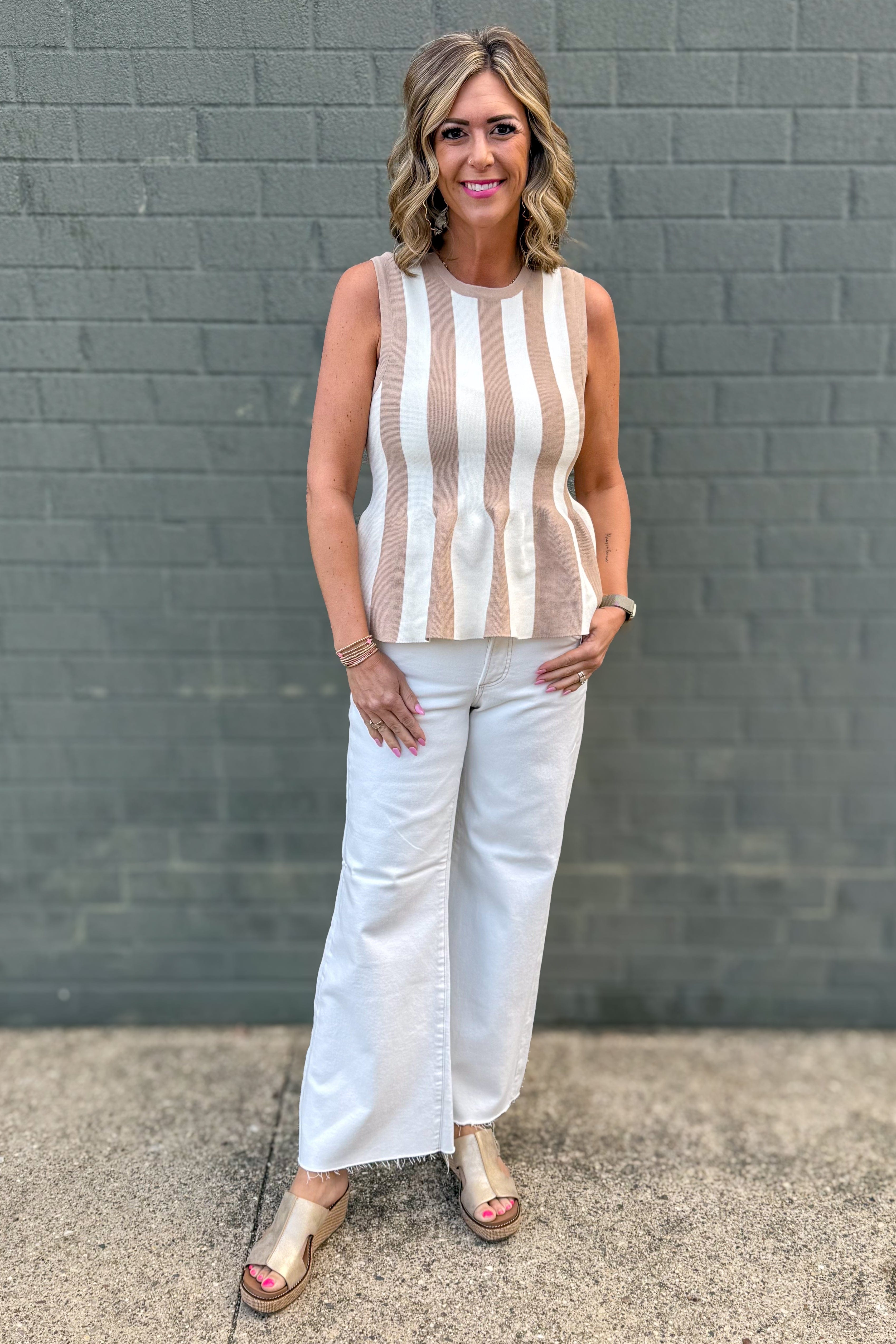 Taupe Stripe Peplum Sweater Tank Styled
