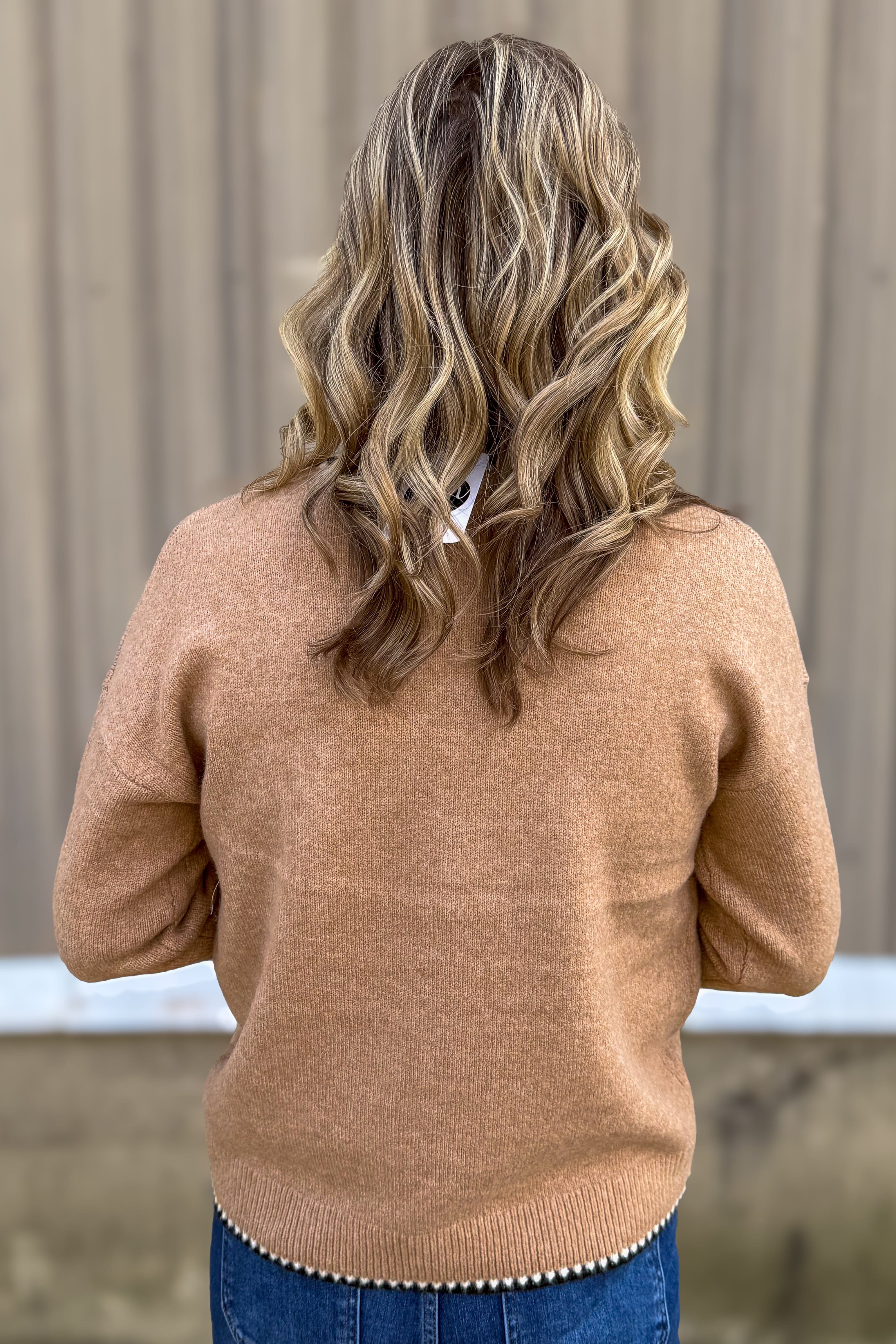 Light Camel Stitch Edge Pocket Sweater back