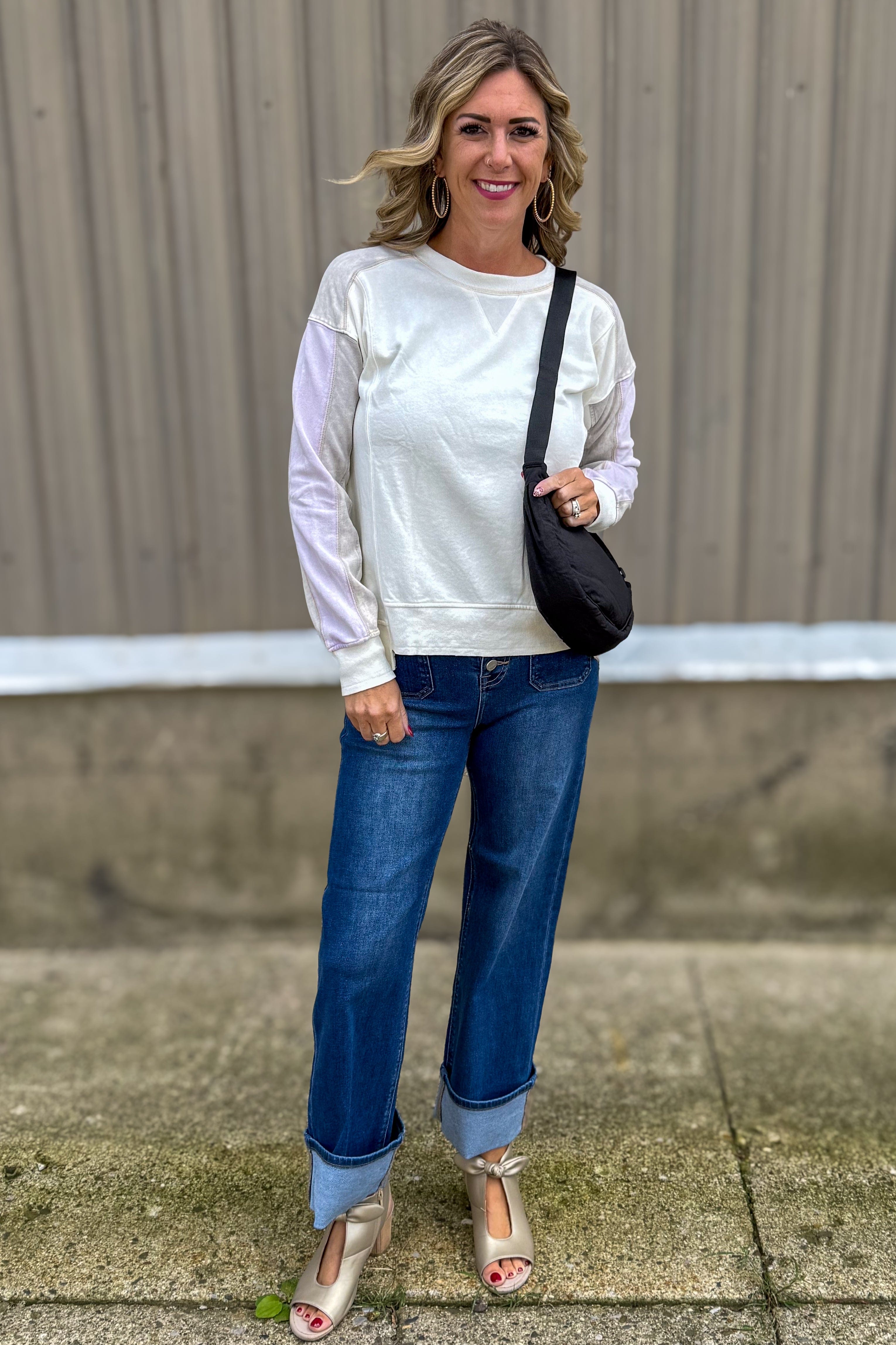 Ivory Color Block Terry Top styled