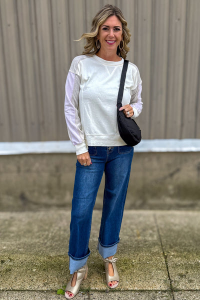 Ivory Color Block Terry Top styled