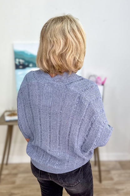 Slate Blue Pointelle 3/4 Sleeve Kimono Cardigan back